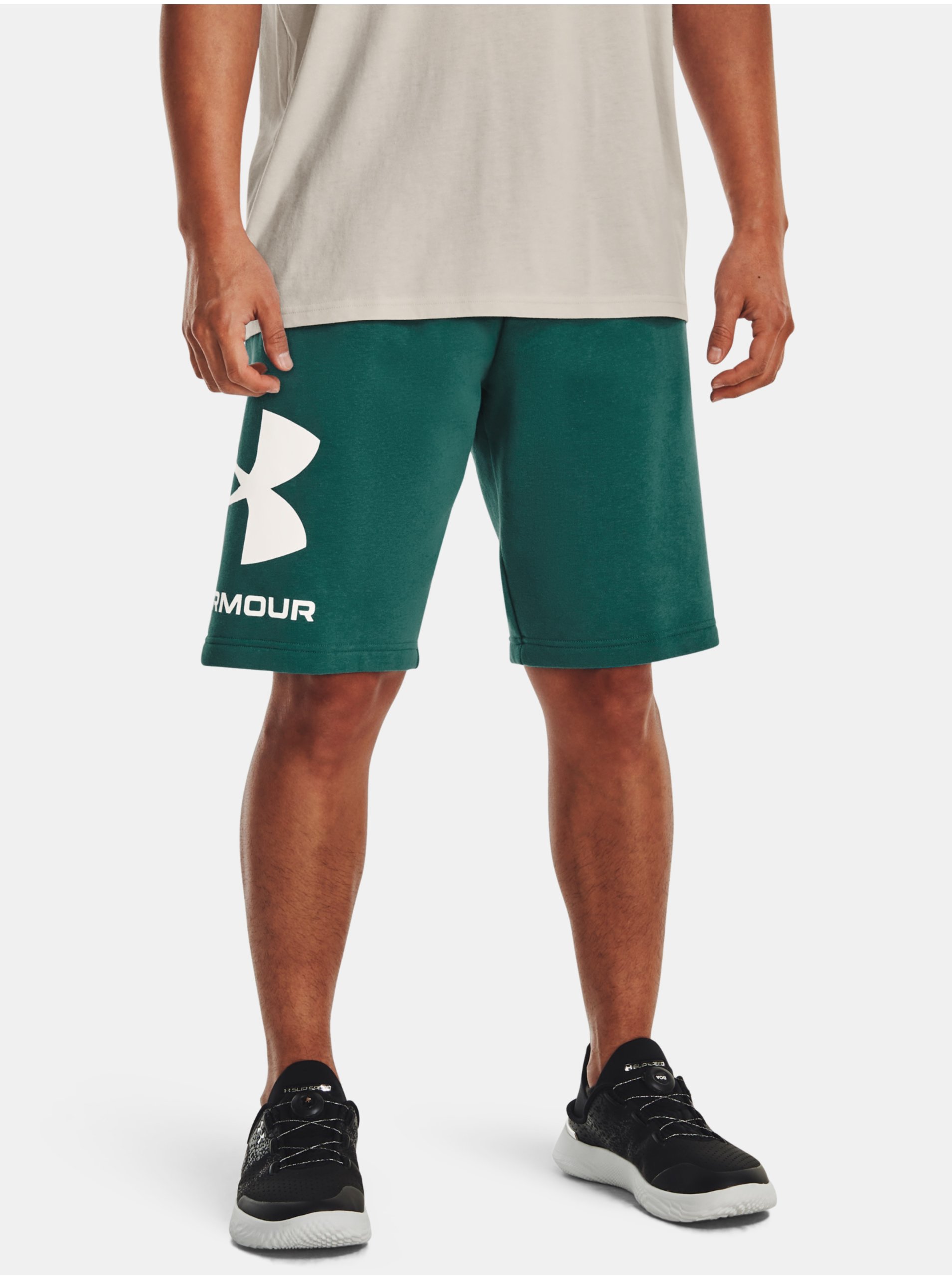 Levně Tmavě zelené pánské sportovní kraťasy Under Armour UA Rival Flc Big Logo Shorts