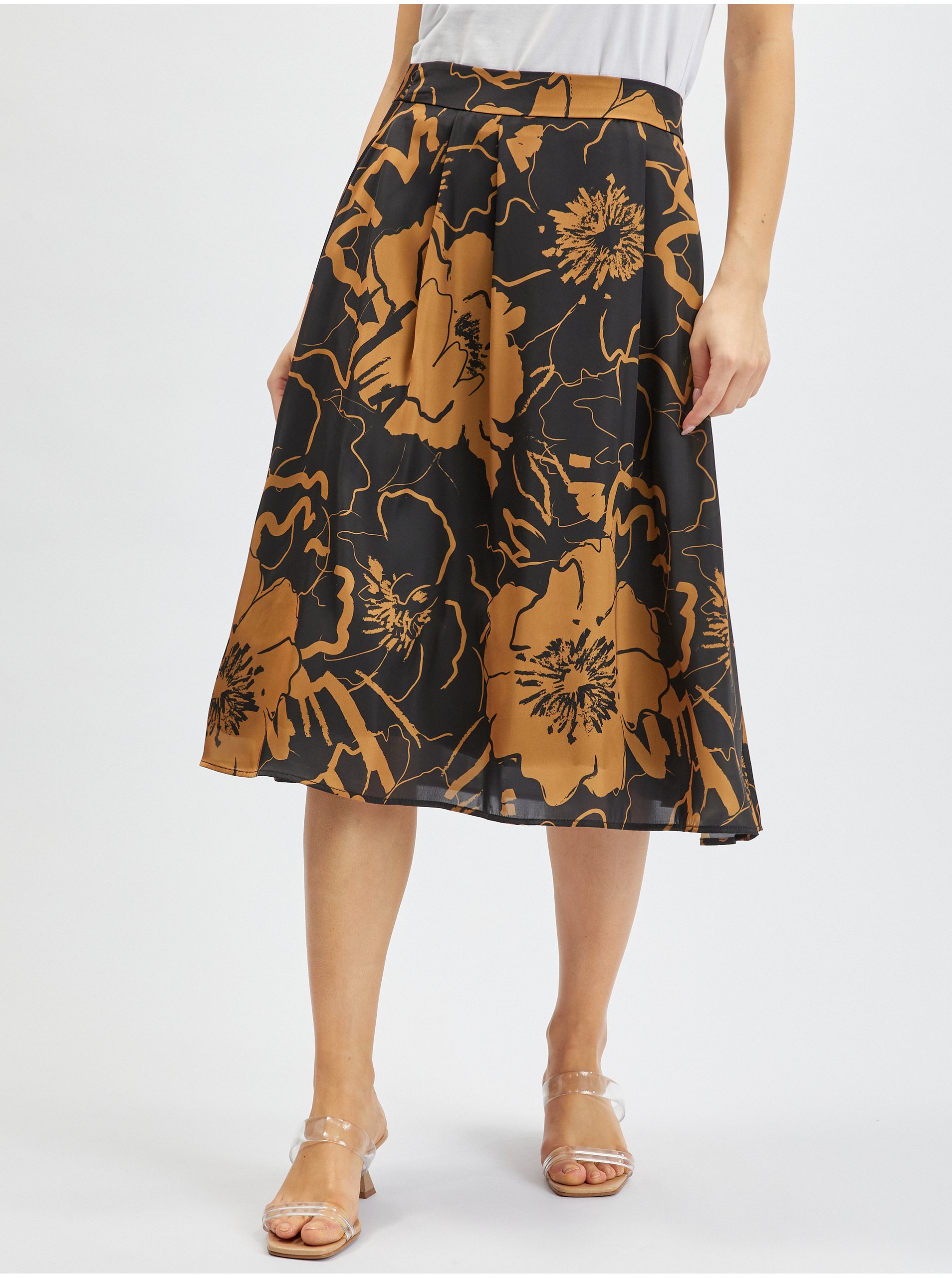 Levně Hnědo-černá dámská květovaná saténová sukně ORSAY