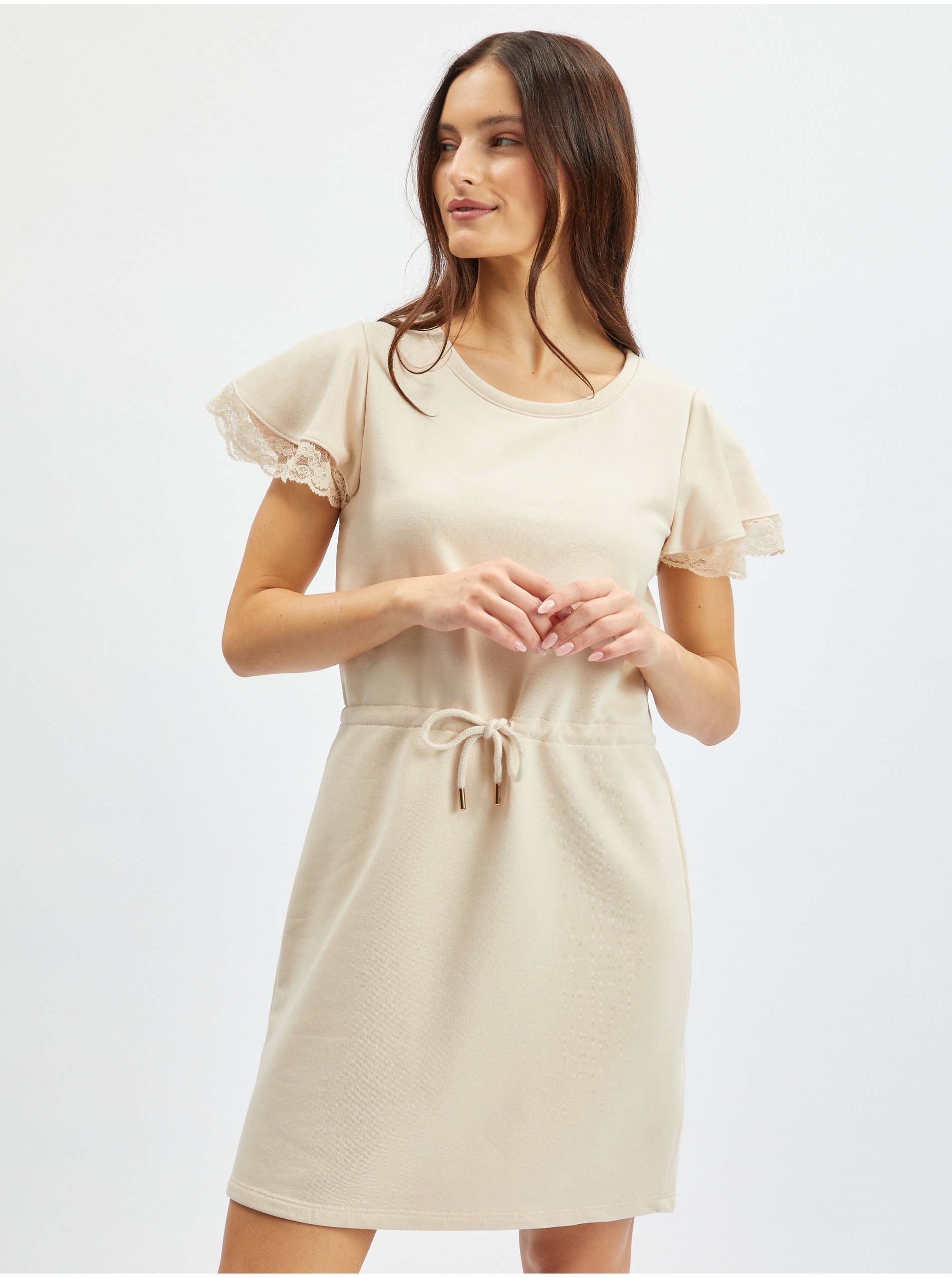 Levně Béžové dámské mikinové šaty s krajkou ORSAY
