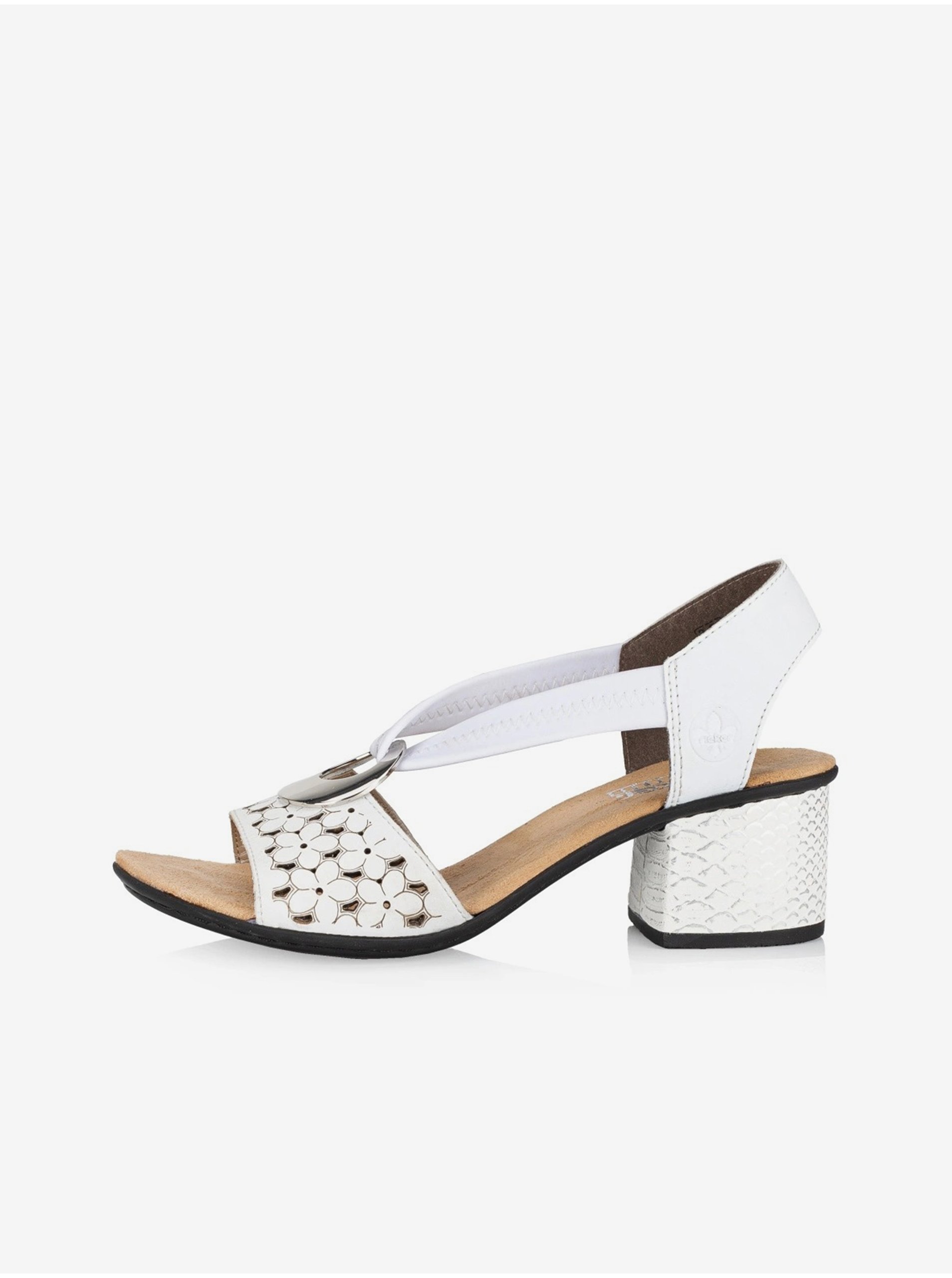 Levně Bílé dámské kožené sandály na podpatku Rieker