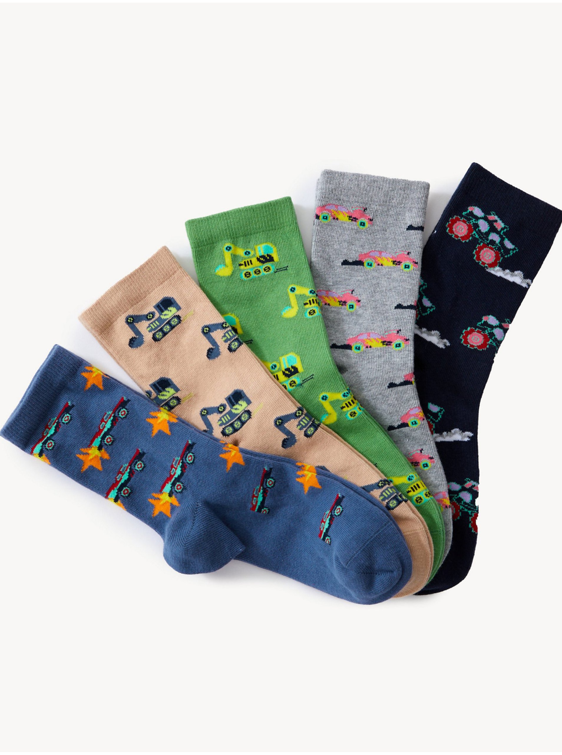 Levně Sada pěti párů klučičích vzorovaných ponožek v tmavě modré, světle hnědé, zelené, šedé a černé barvě Marks & Spencer
