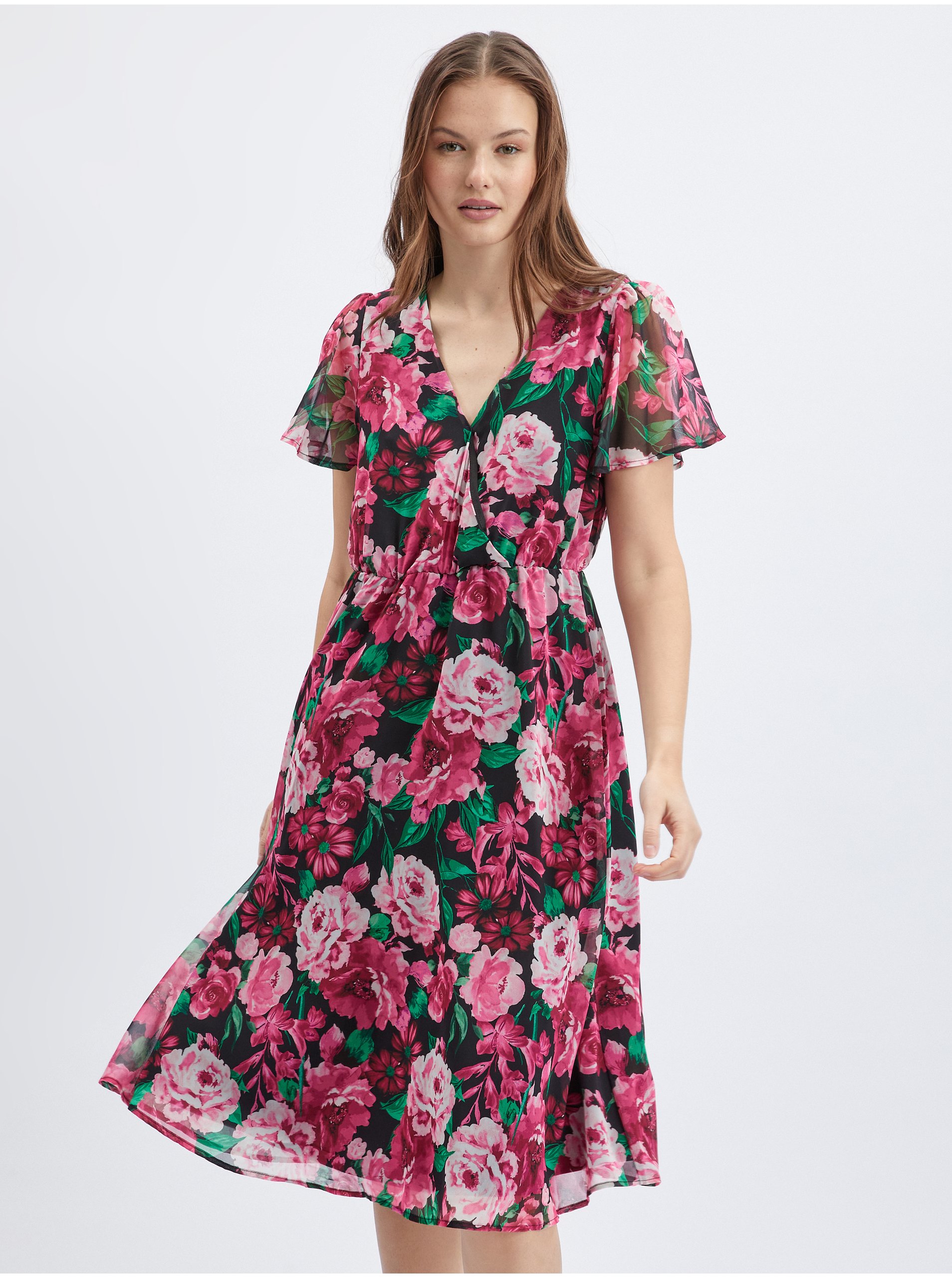 Levně Černo-růžové dámské květované šaty ORSAY