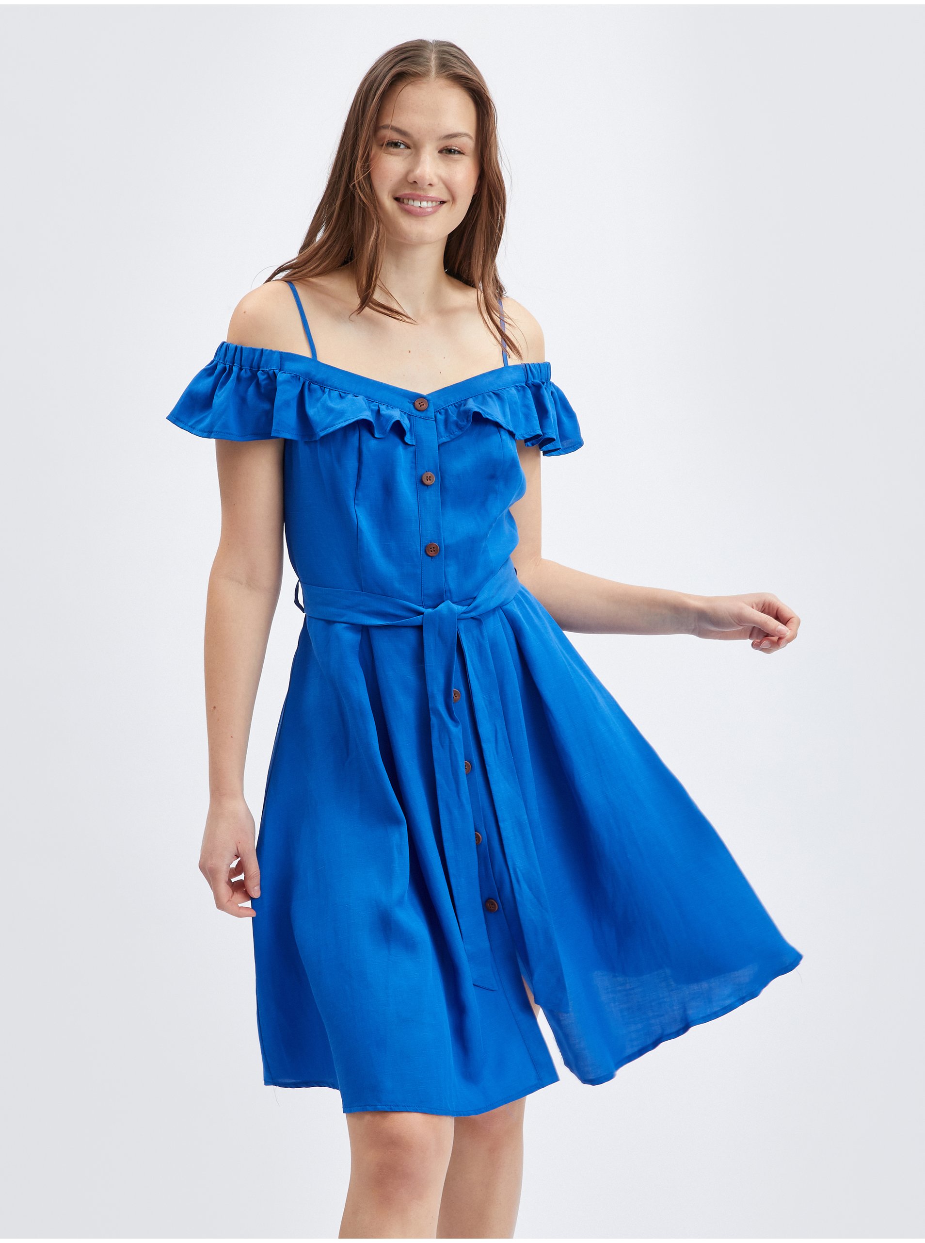Levně Modré dámské šaty s příměsí lnu ORSAY