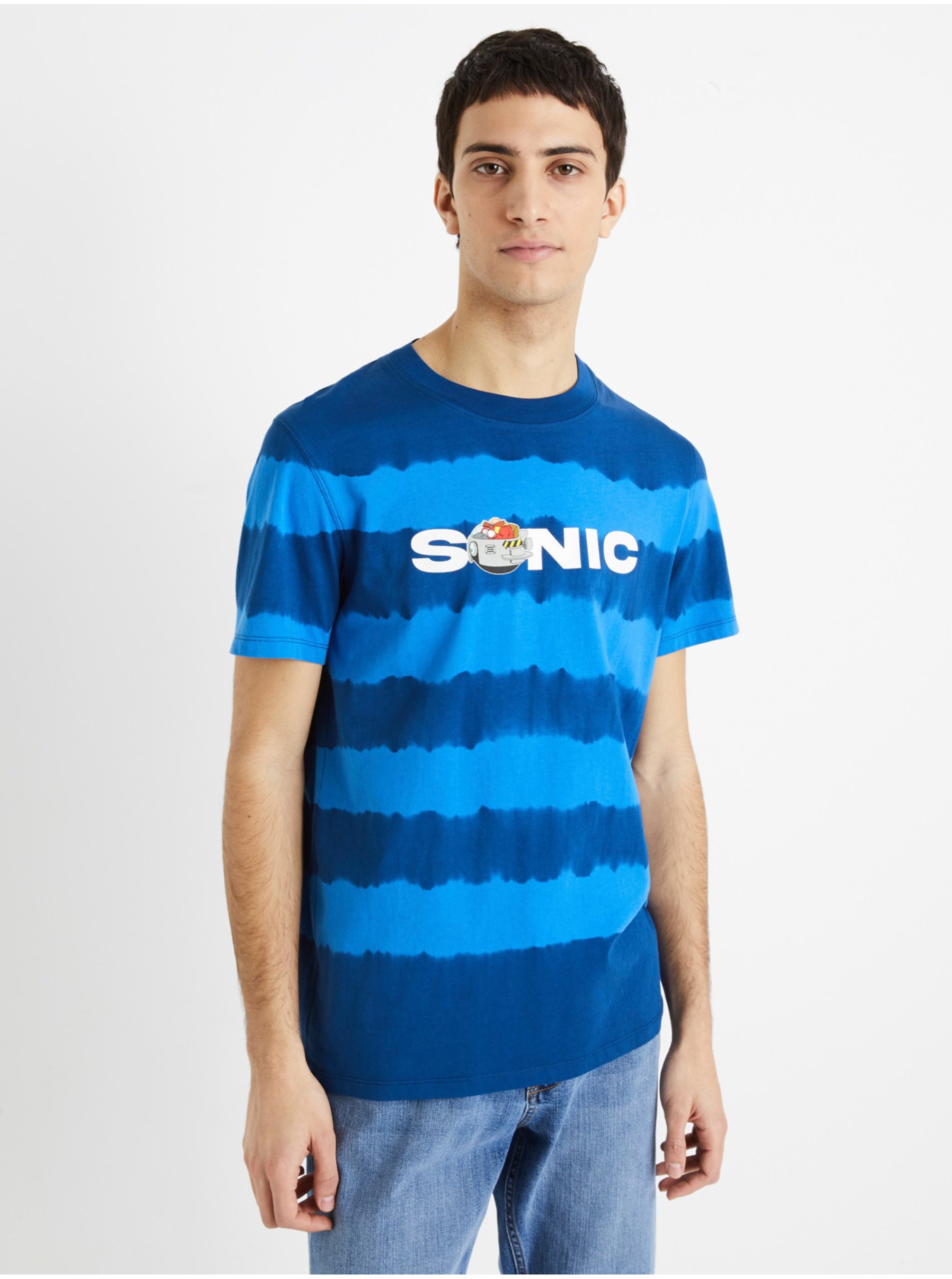 Lacno Modré pánske pruhované tričko Celio Sonic