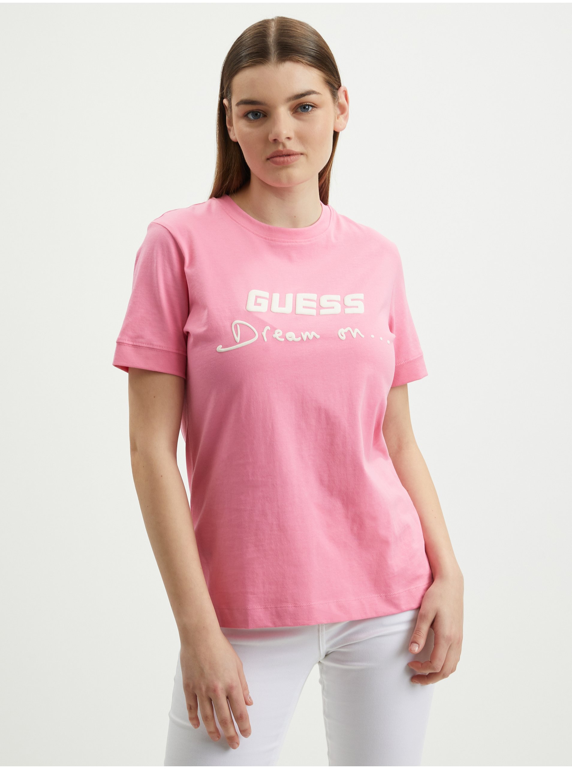 Levně Růžové dámské tričko Guess Dalya