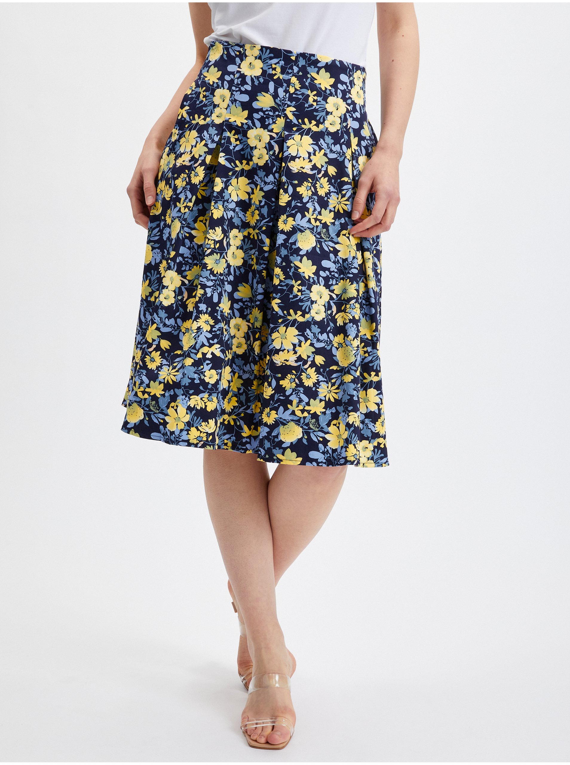 Levně Žluto-modrá dámská skládaná květovaná sukně ORSAY