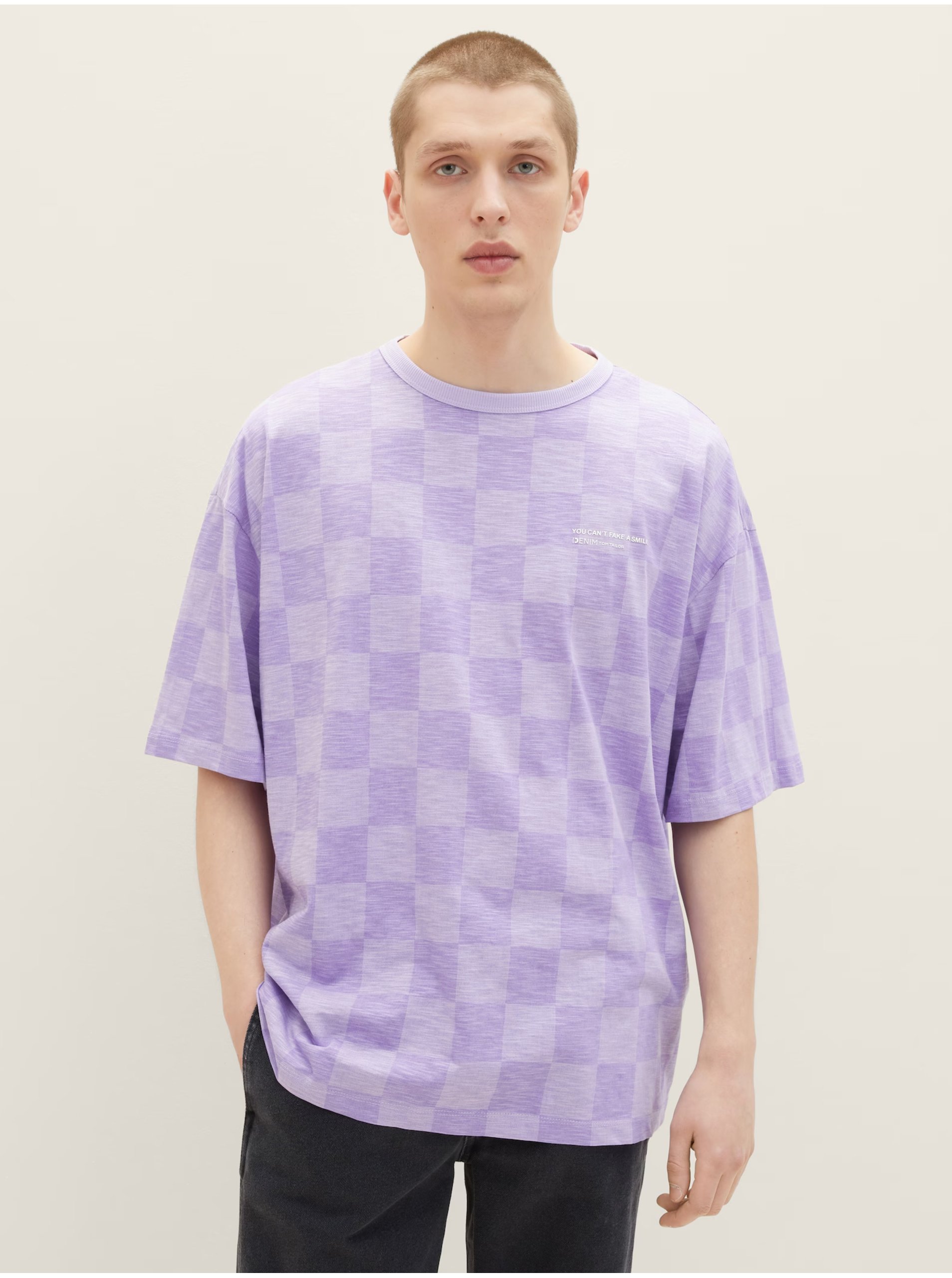 Levně Světle fialové pánské kostkované oversize tričko Tom Tailor Denim