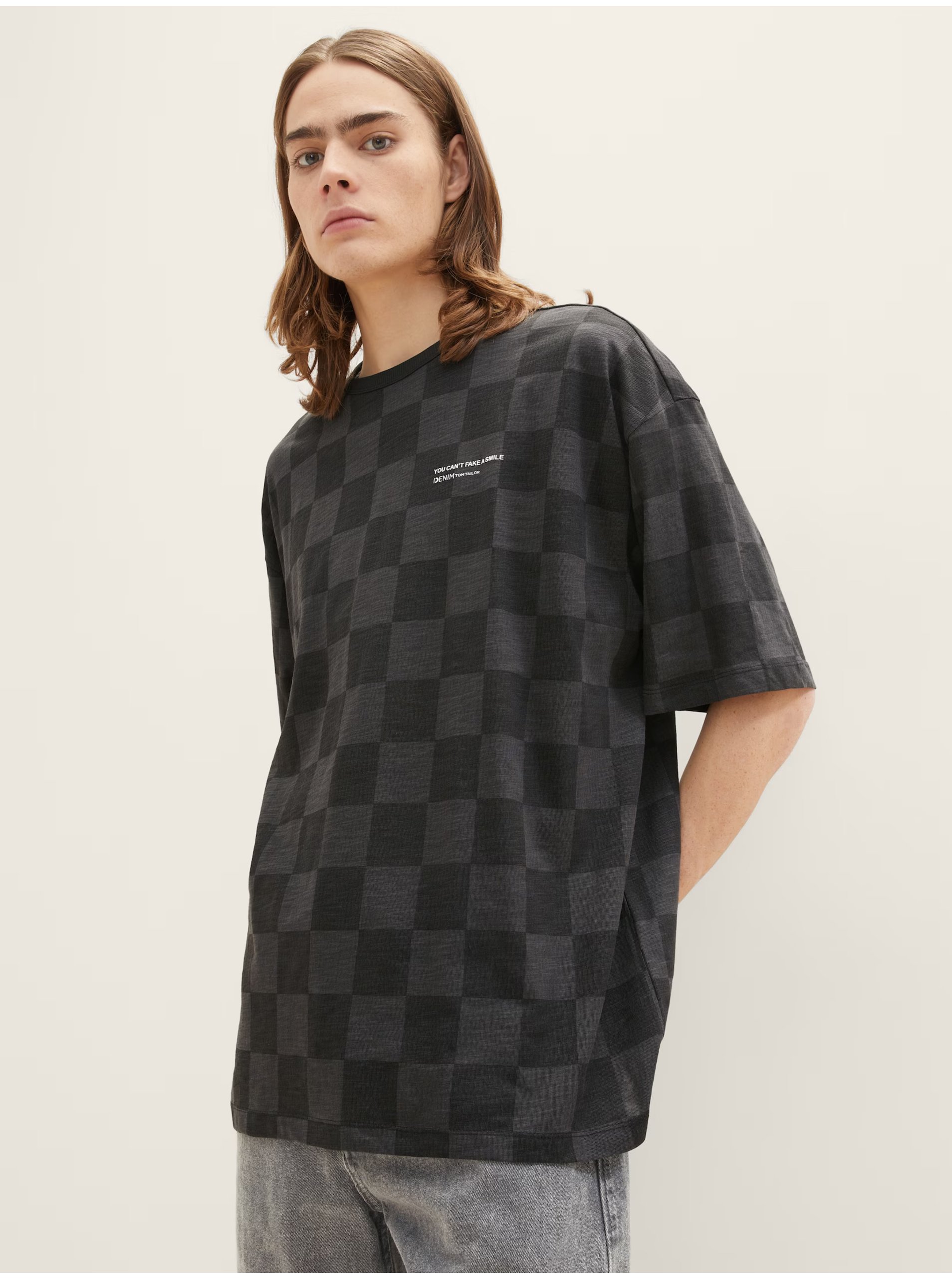 E-shop Černé pánské kostkované oversize tričko Tom Tailor Denim
