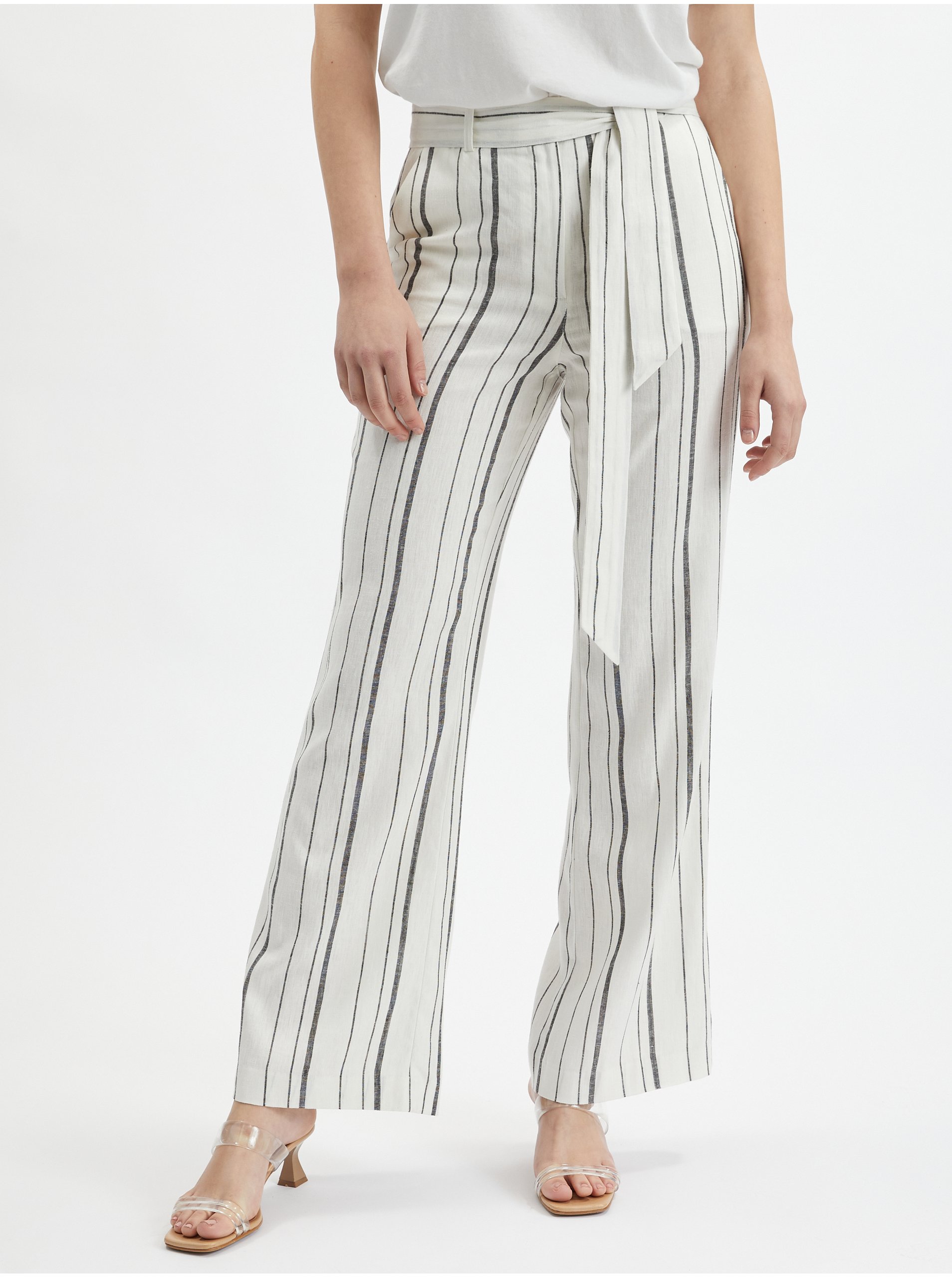 E-shop Bílé dámské pruhované lněné kalhoty ORSAY