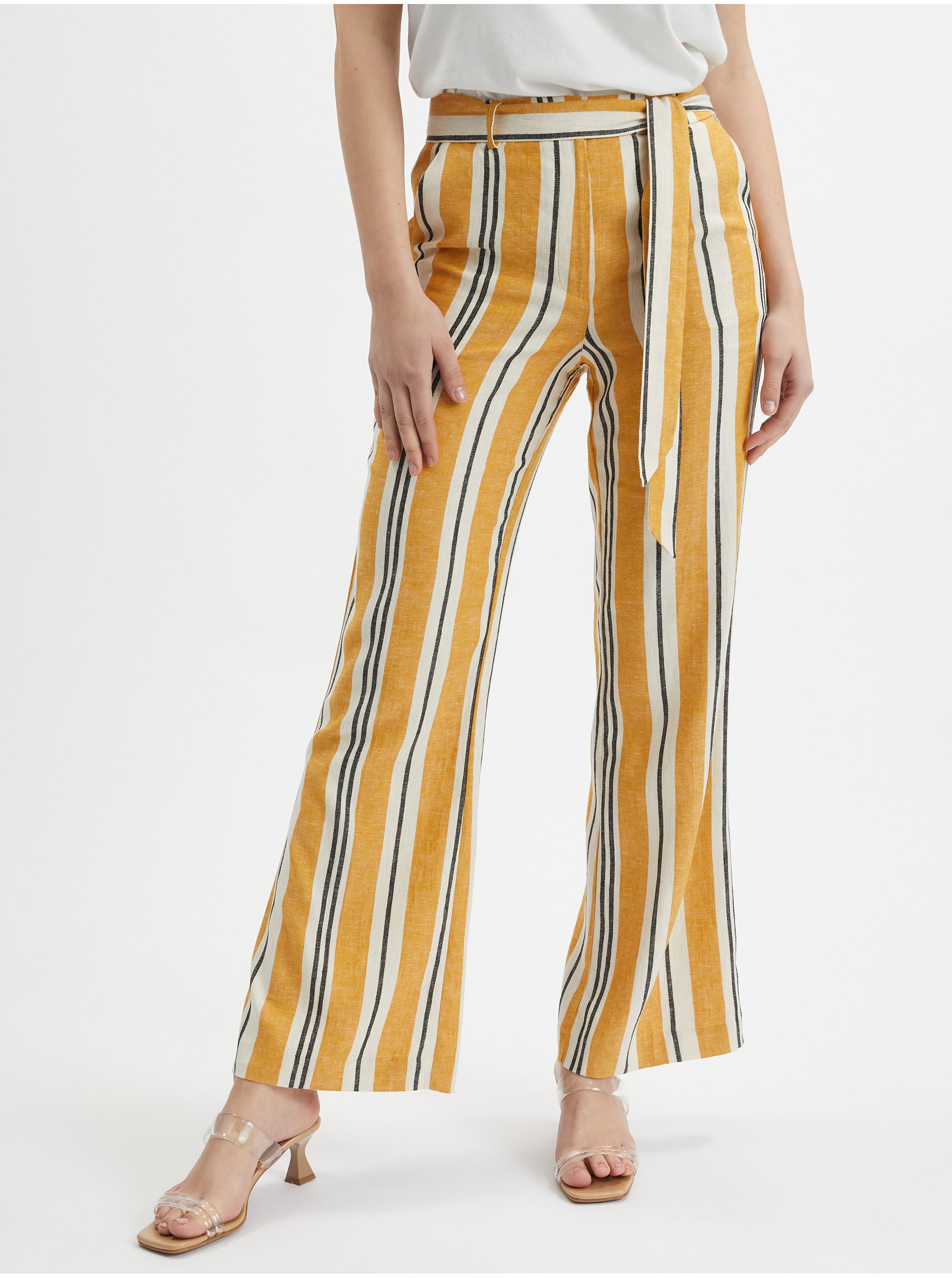 E-shop Oranžové dámské pruhované lněné kalhoty ORSAY
