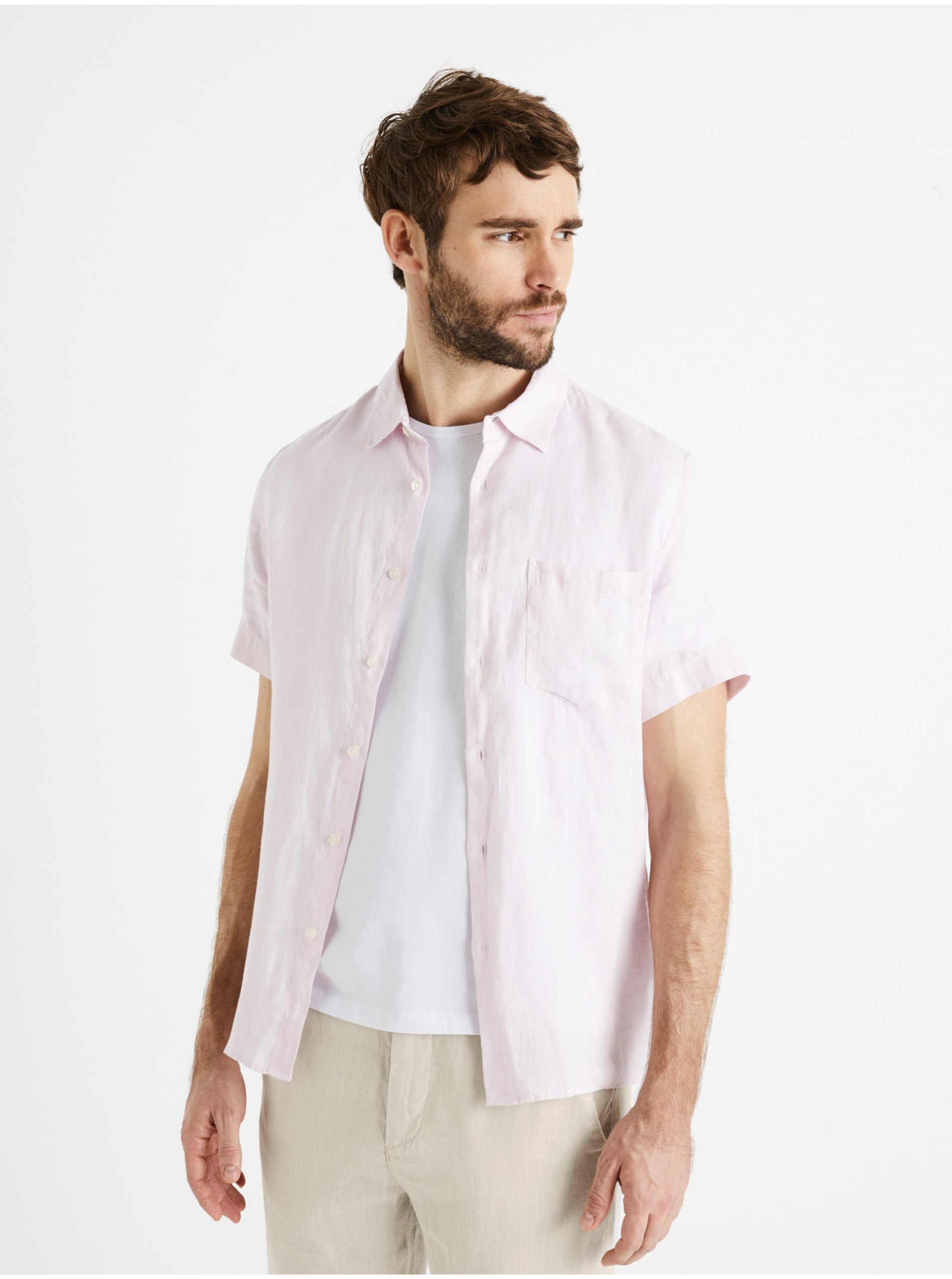 E-shop Světle růžová pánská lněná košile Celio Damarlin