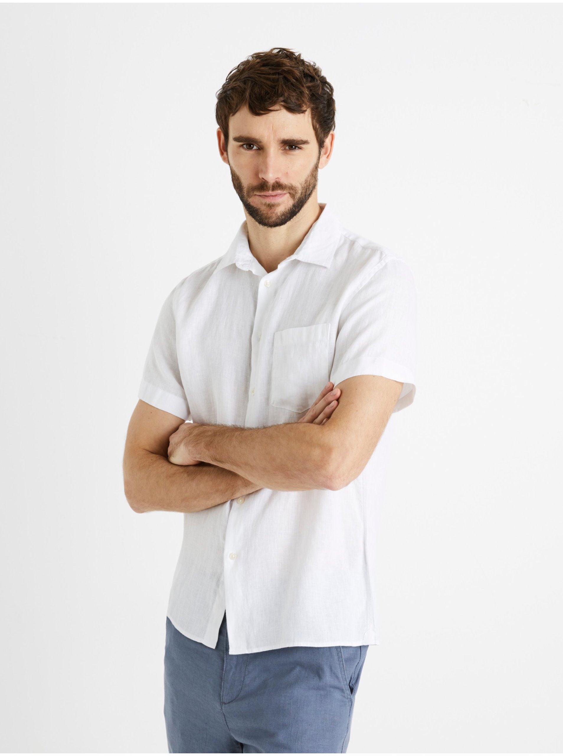 E-shop Biela pánska ľanová košeľa Celio Damarlin