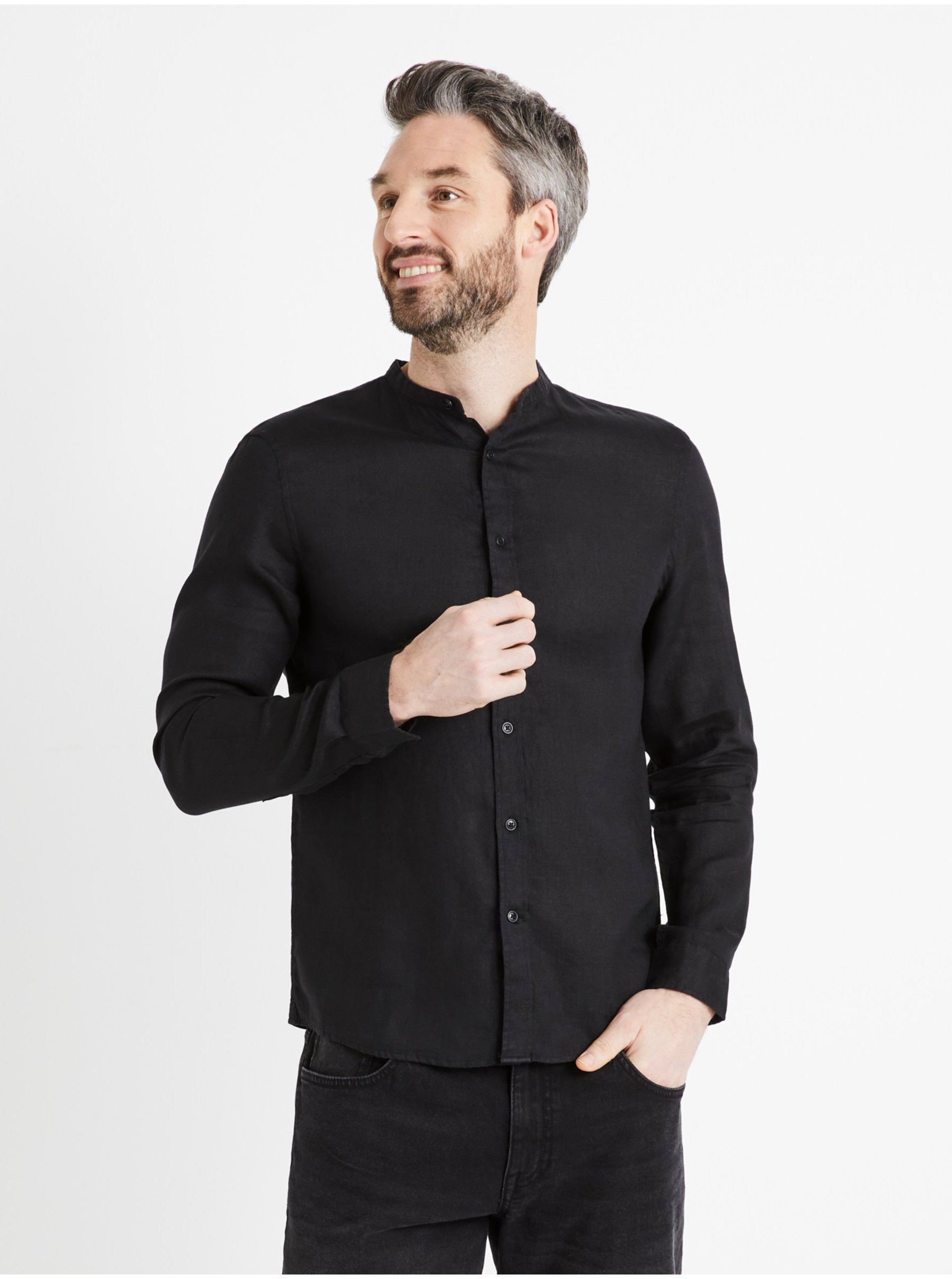 E-shop Černá pánská lněná košile Celio Damaolin