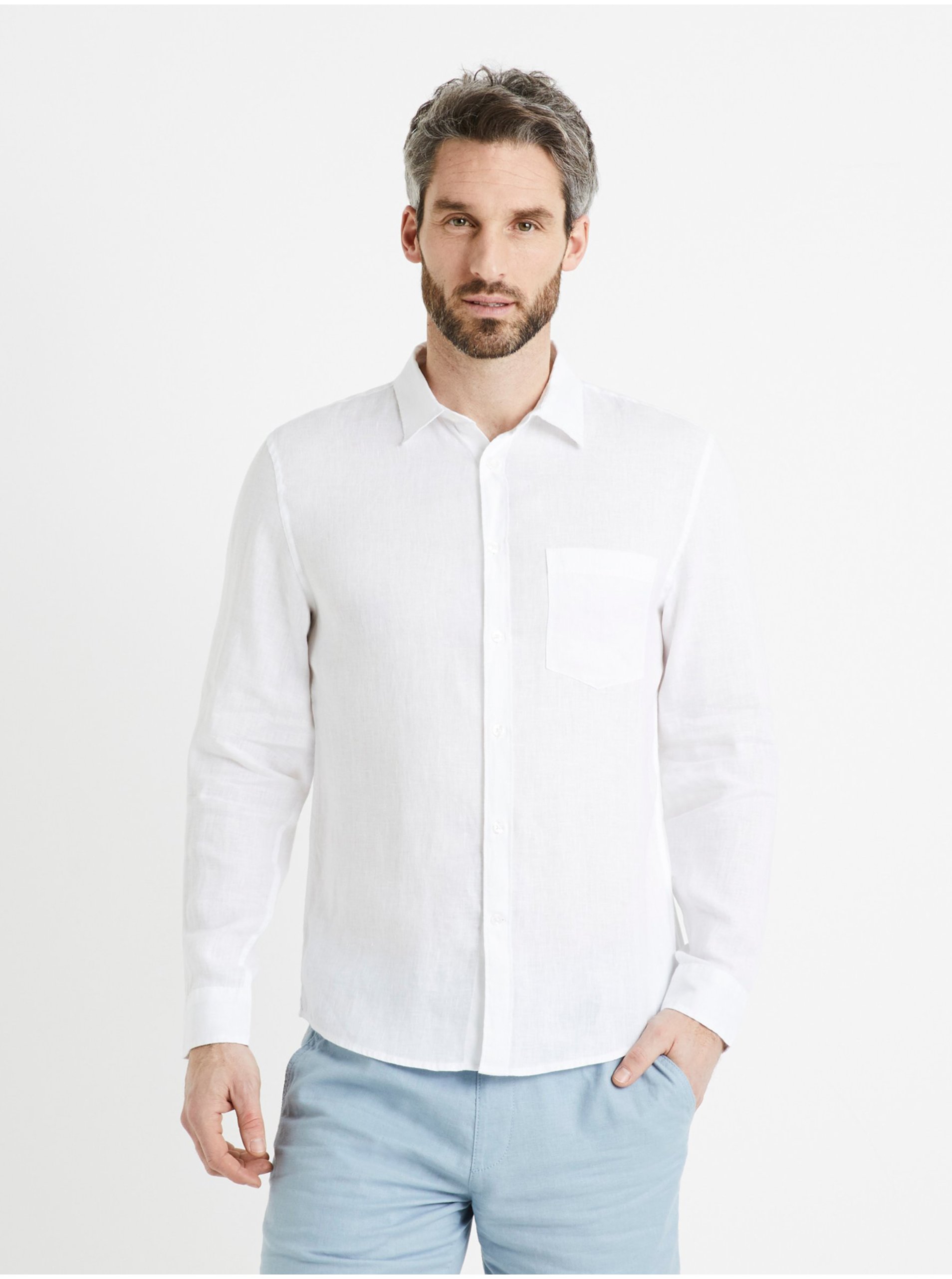 Levně Bílá pánská lněná košile Celio Daflix