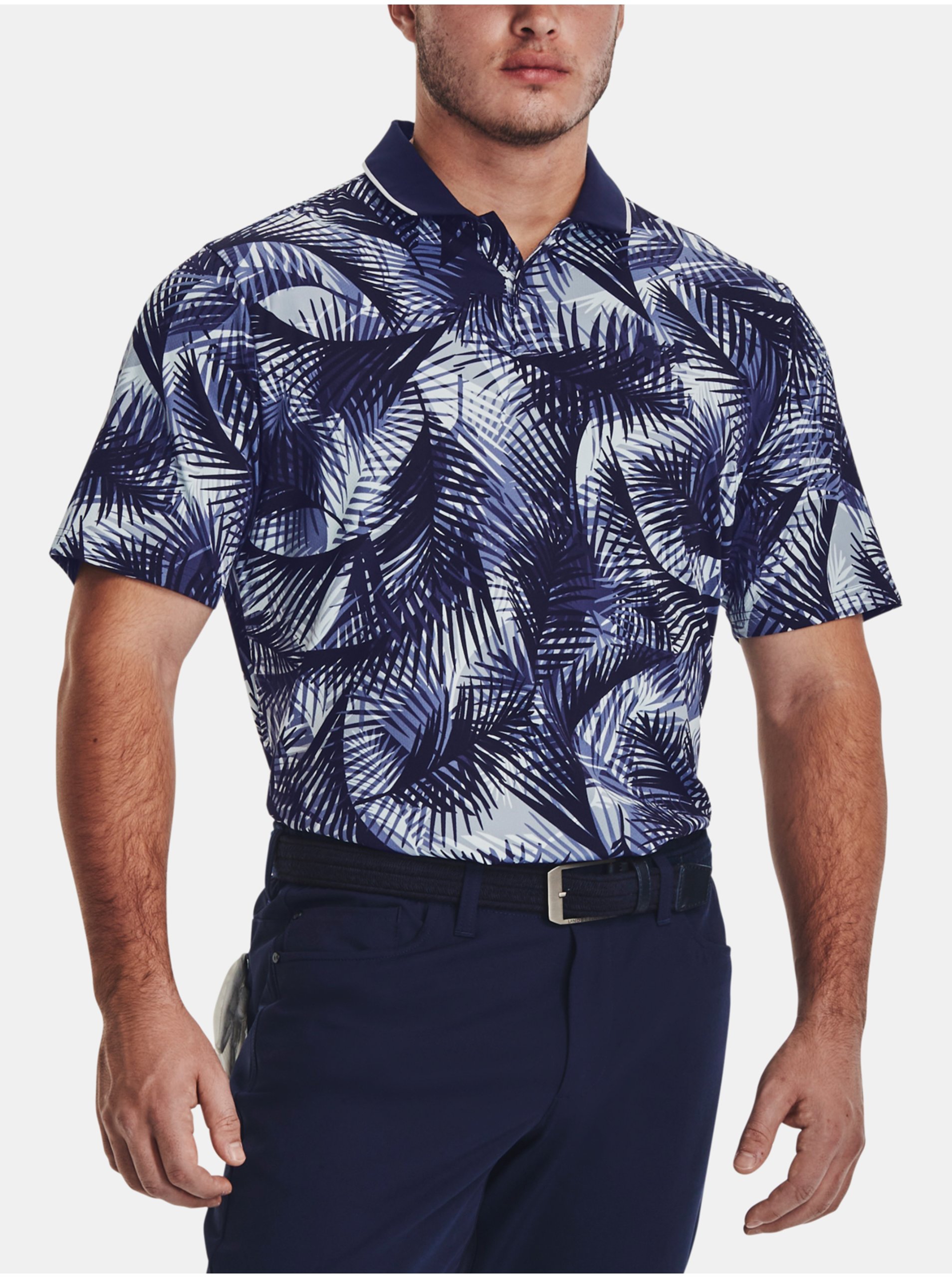 E-shop Tmavě modré pánské vzorované sportovní polo tričko Under Armour UA Iso-Chill Grphc Palm Polo
