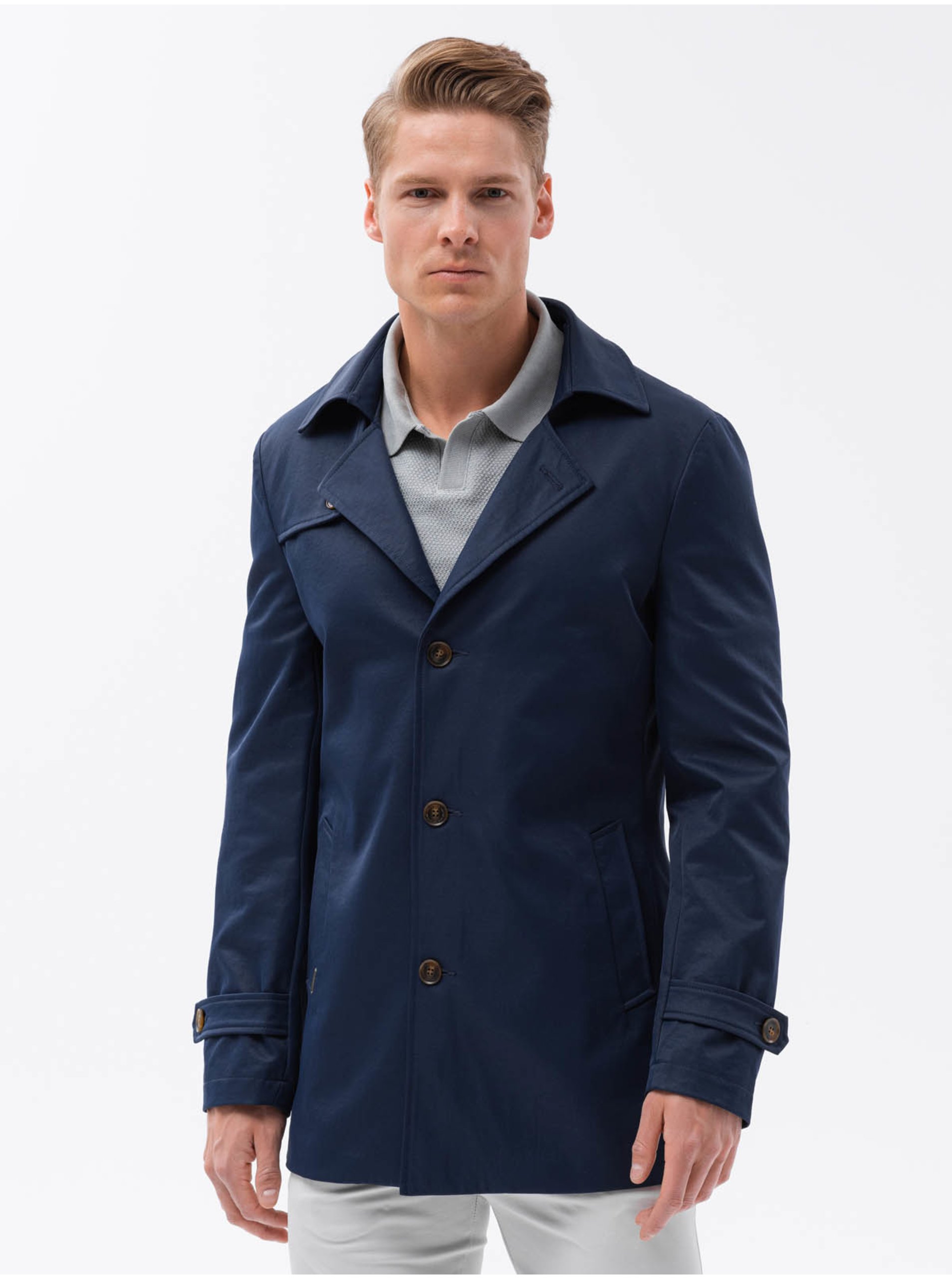 Levně Tmavě modrý pánský kabát Ombre Clothing