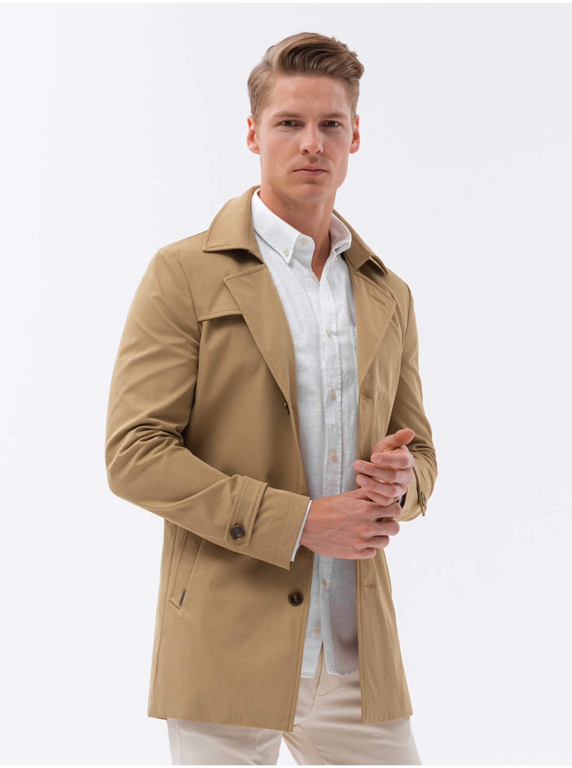 Levně Světle hnědý pánský kabát Ombre Clothing