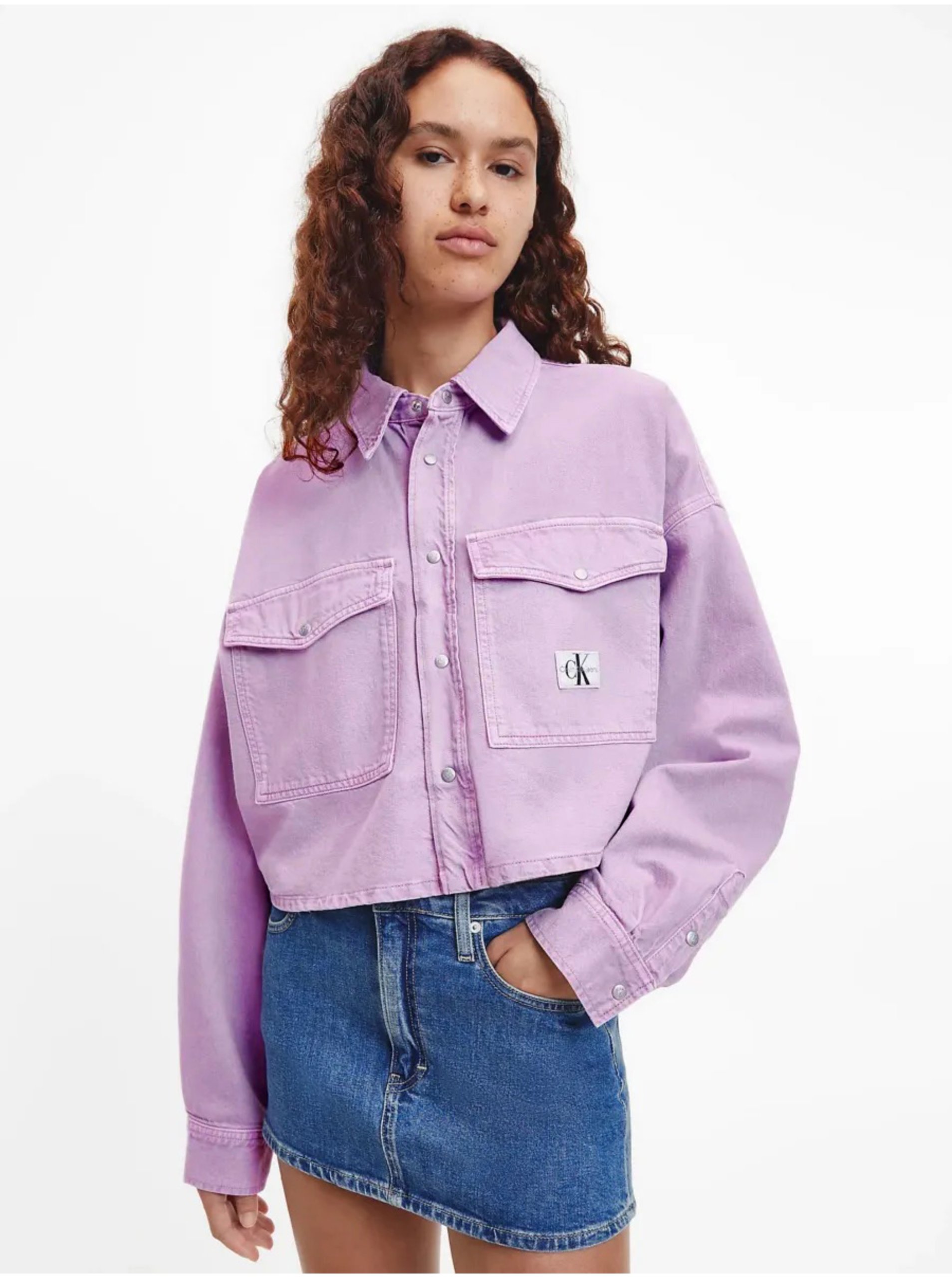 Levně Světle fialová dámská oversize džínová svrchní košile Calvin Klein Jeans