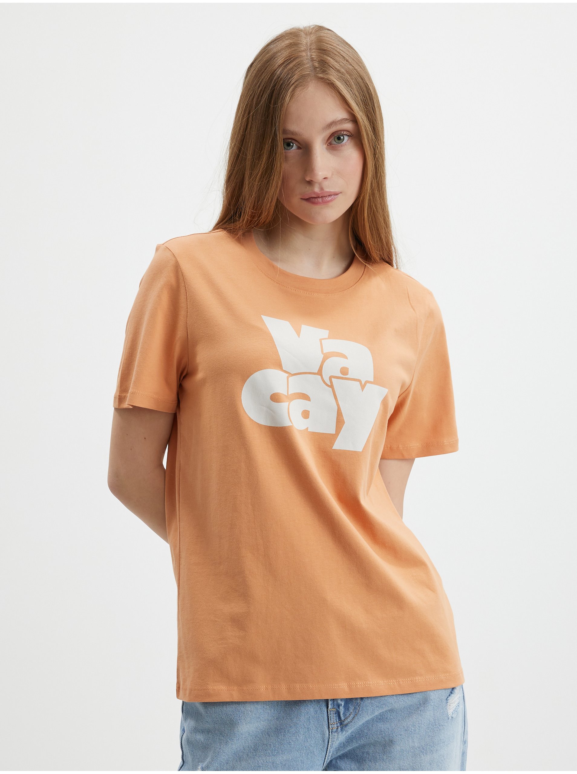 Levně Oranžové tričko s potiskem Pieces Tamaris