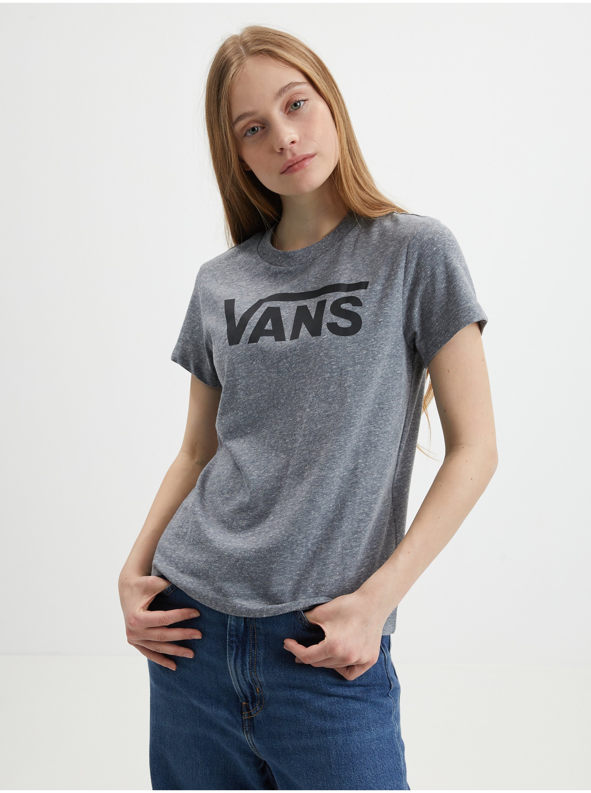 Lacno Šedé dámske tričko s potlačou VANS Flying V Crew