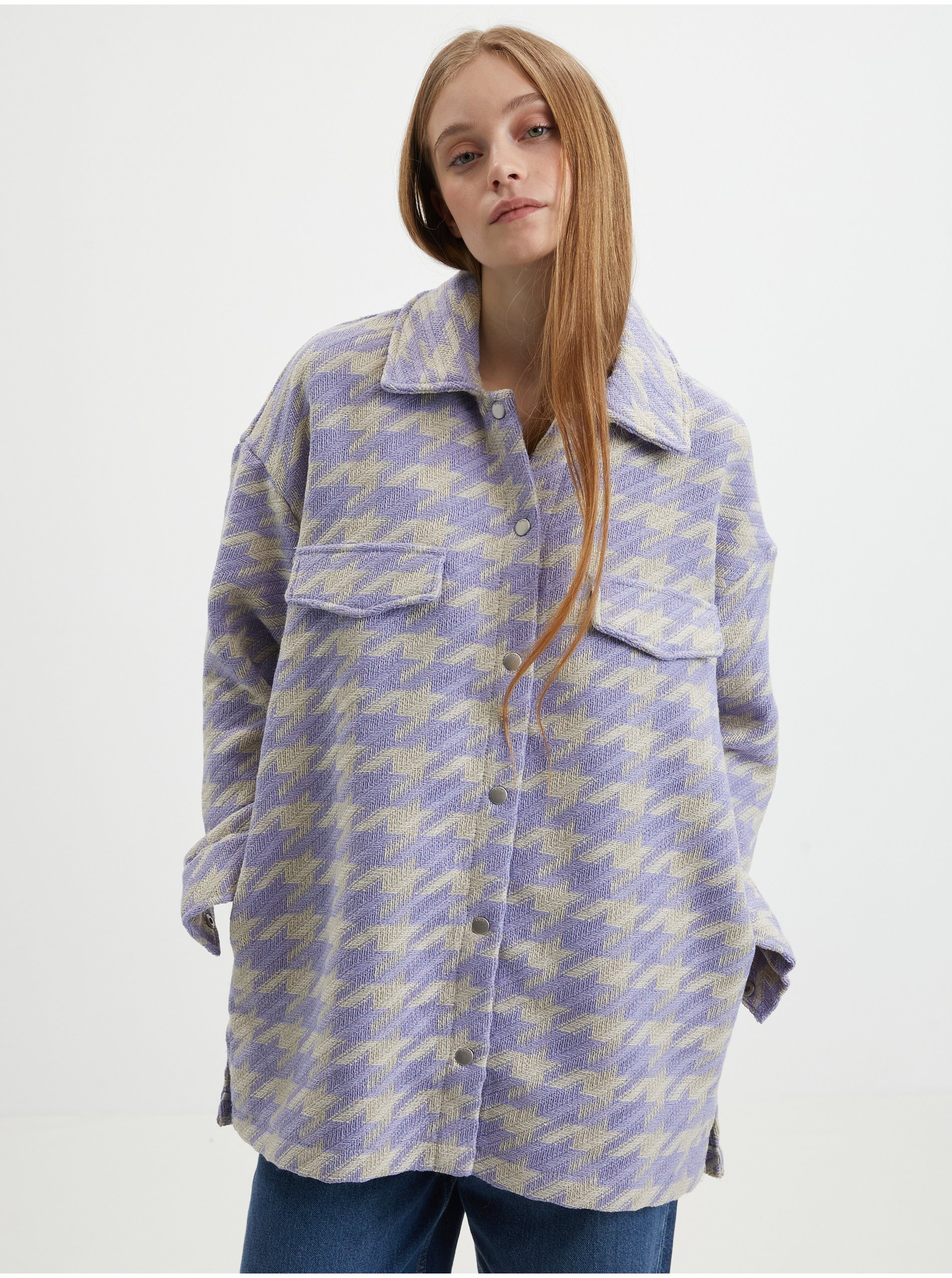 Lacno Béžovo-fialová kockovaná košeľová bunda ONLY Johanna