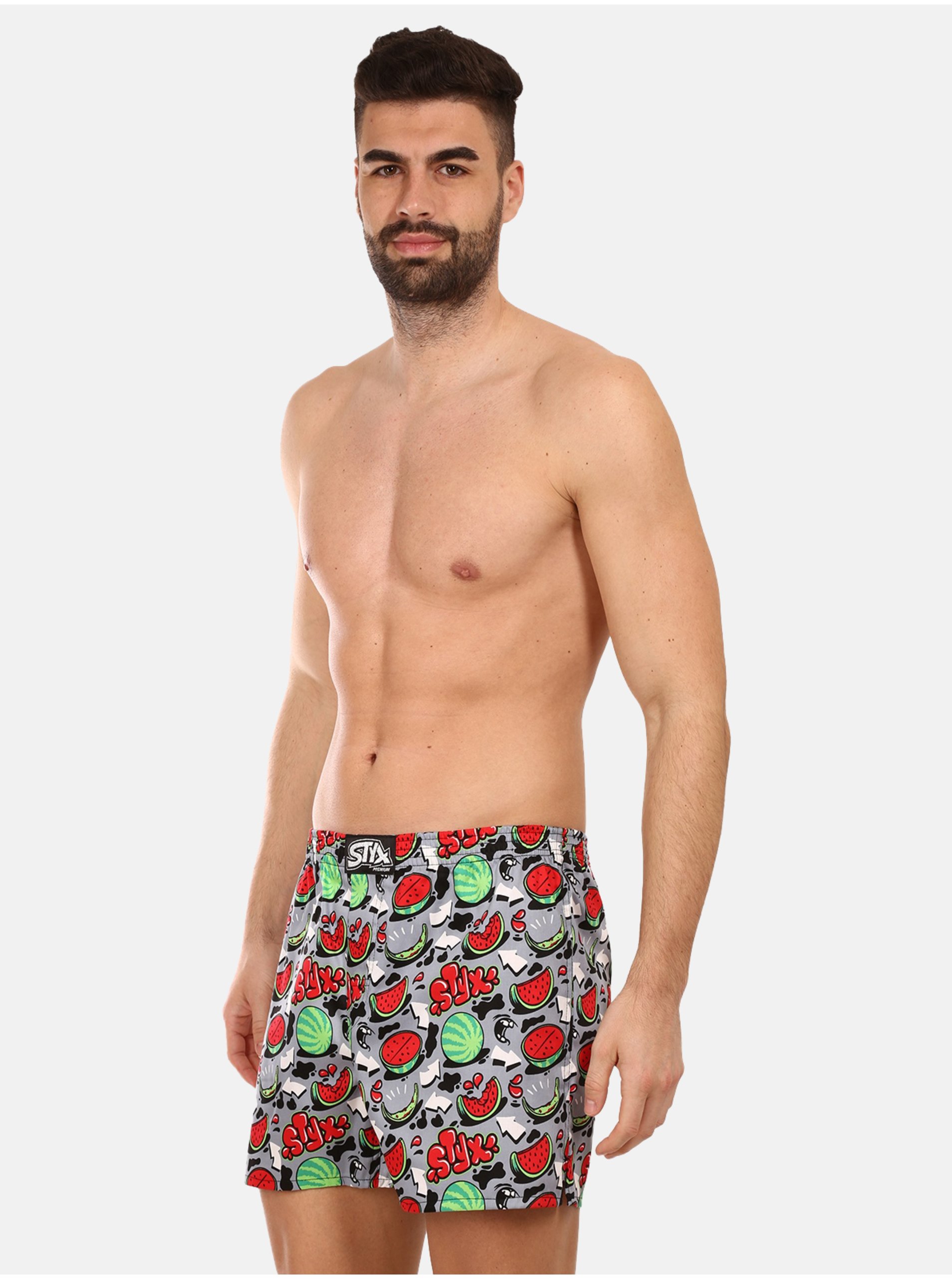 Šedo-červené pánské vzorované trenýrky Styx premium art Melouny