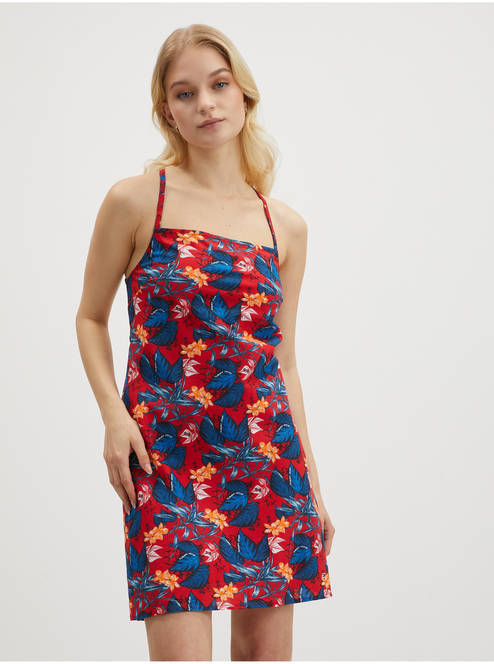 E-shop Modro-červené dámské květované krátké šaty na ramínka Tommy Jeans