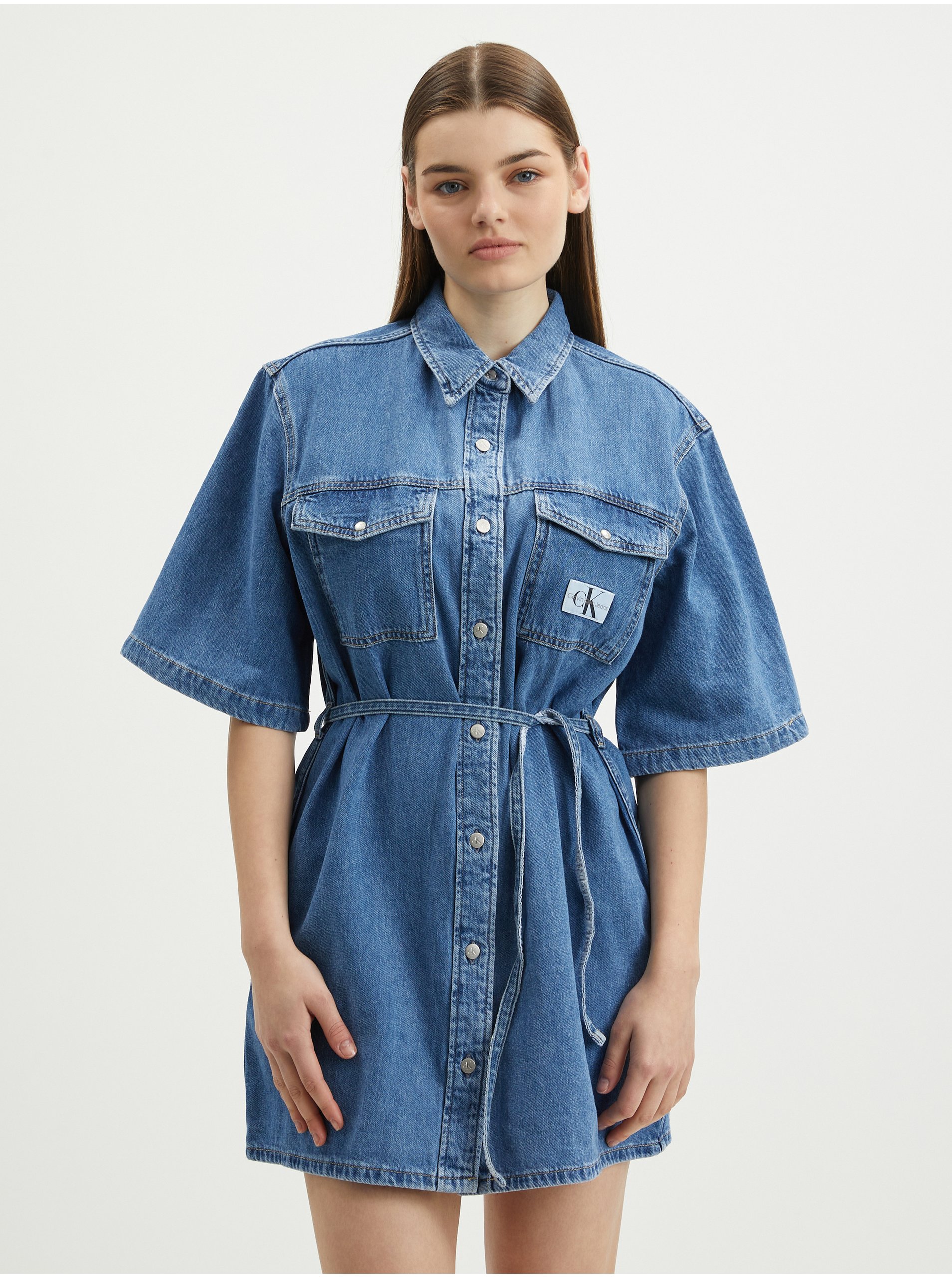 Lacno Košeľové šaty pre ženy Calvin Klein Jeans - modrá