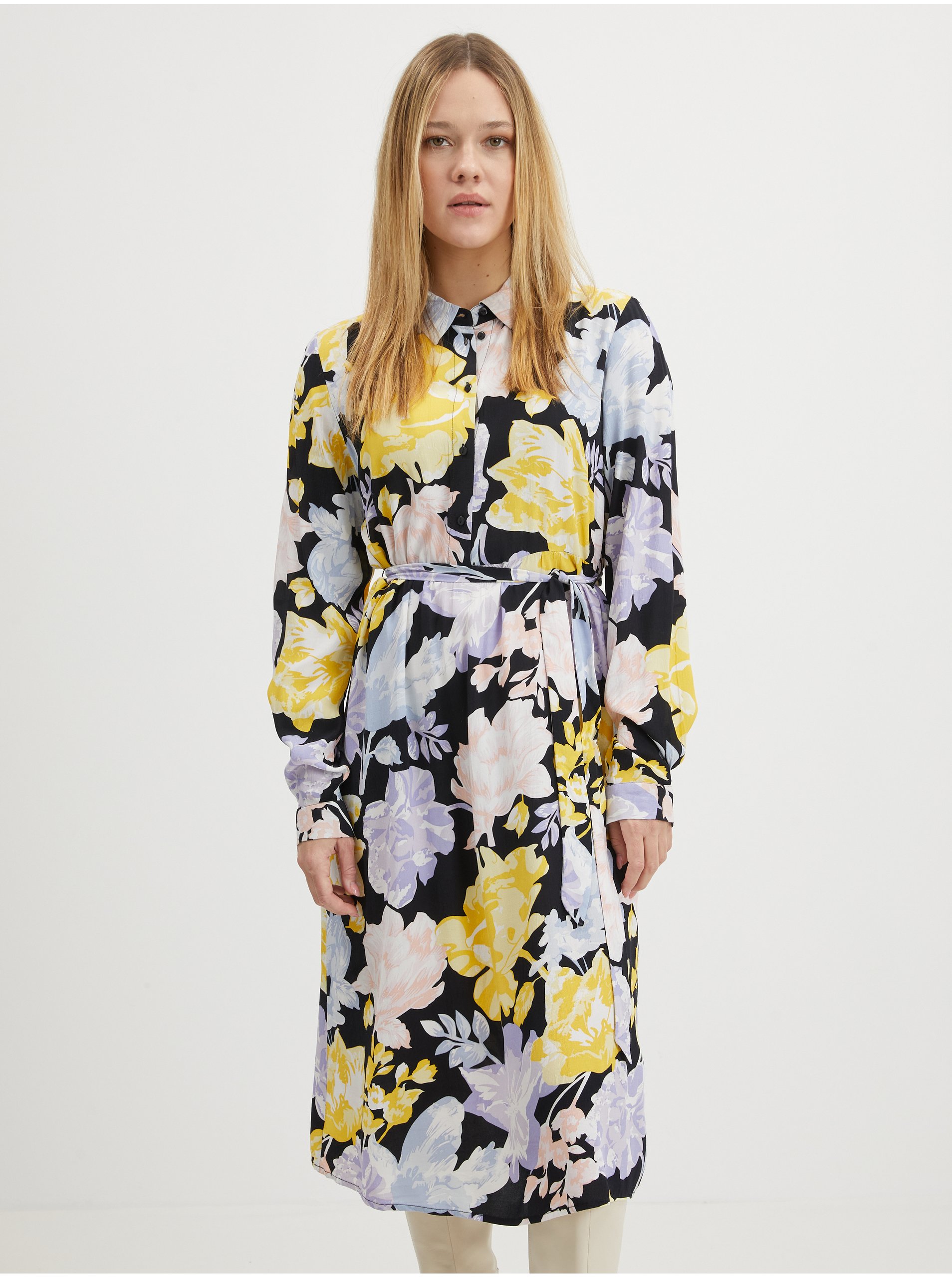 E-shop Černo-žluté dámské květované šaty VILA Kikki