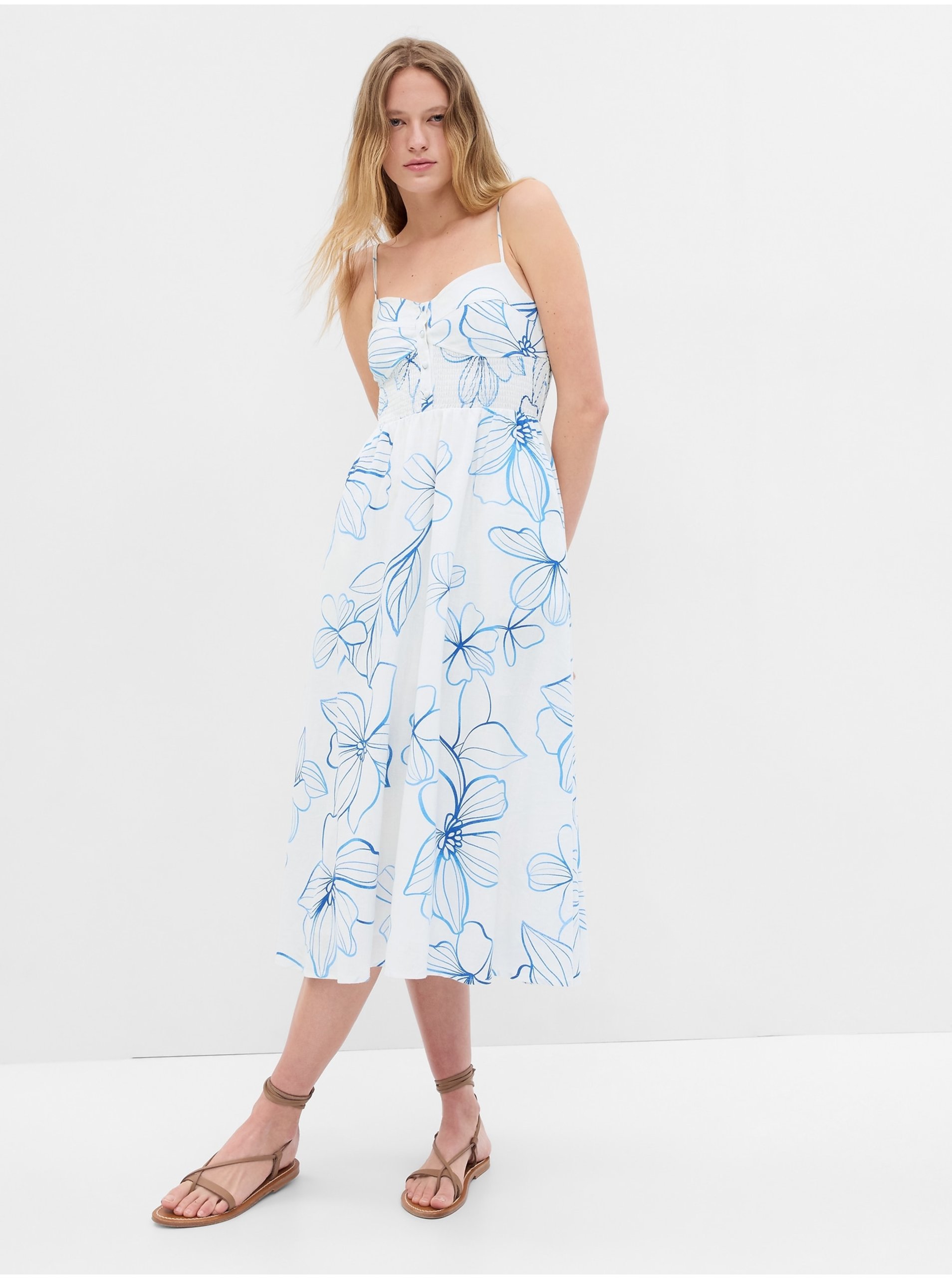 E-shop Biele dámske kvetované midi šaty GAP