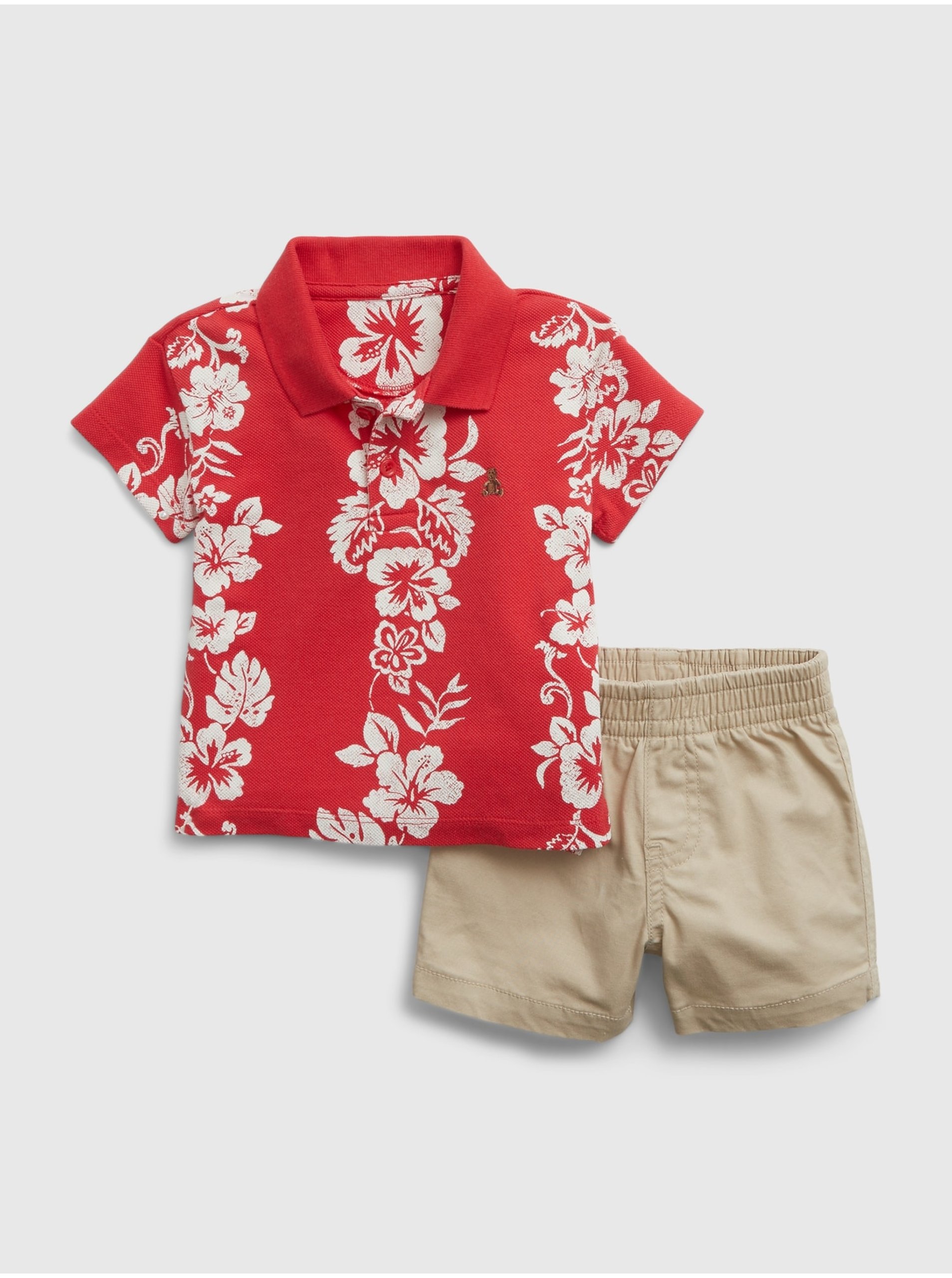 Levně Sada klučičího květovaného polo trička a kraťasů v červené a béžové barvě GAP