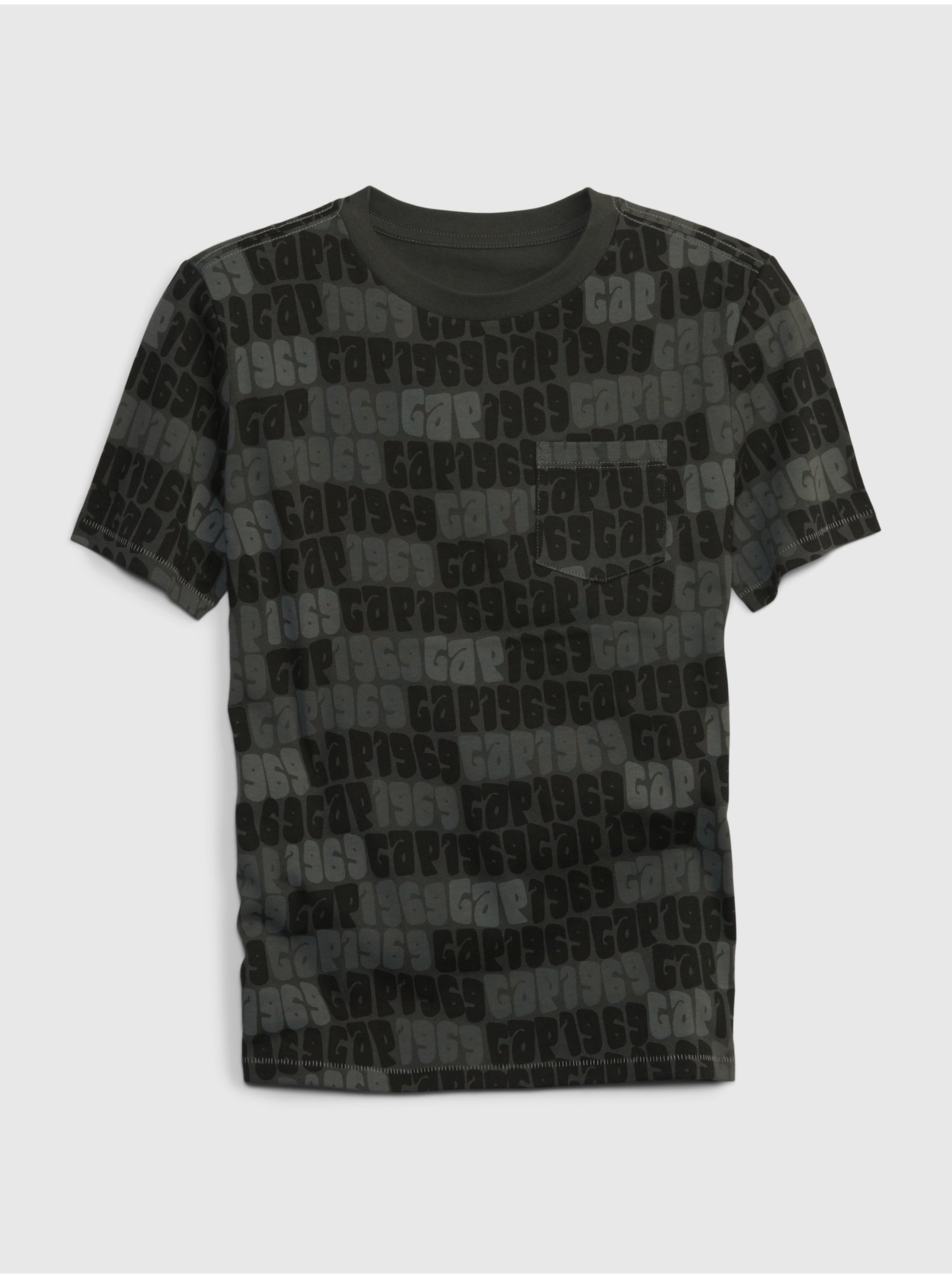 Lacno Čierno-šedé chlapčenské vzorované tričko s vrecúškom GAP