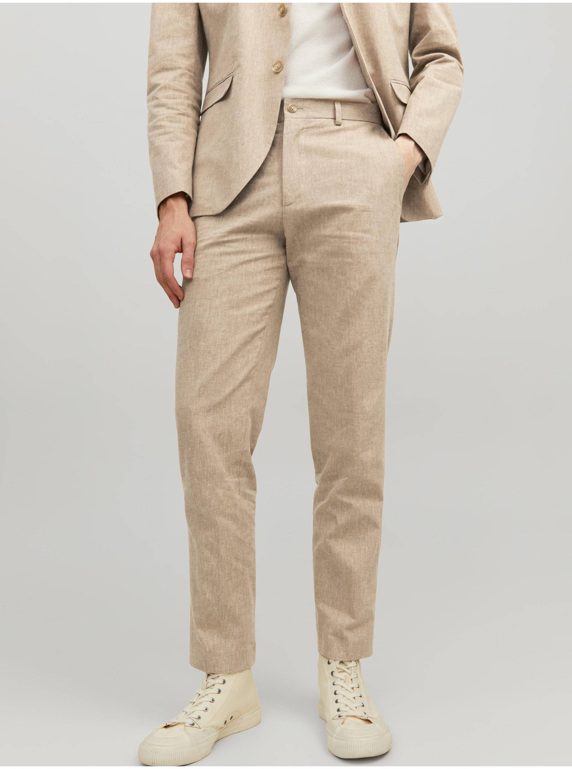 Levně Béžové pánské lněné oblekové kalhoty Jack & Jones Riviera