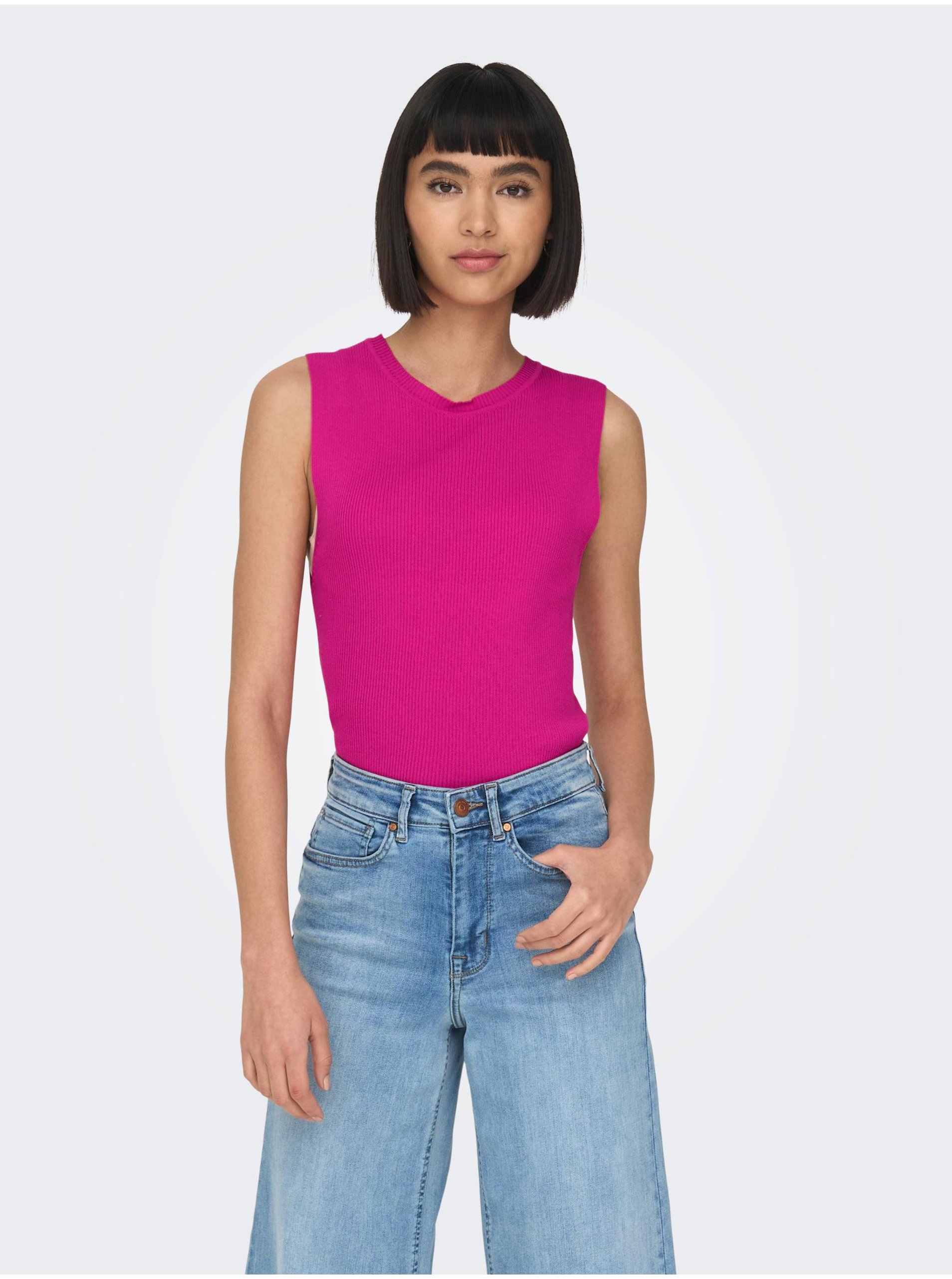 E-shop Tmavě růžový dámský žebrovaný basic top ONLY Majli