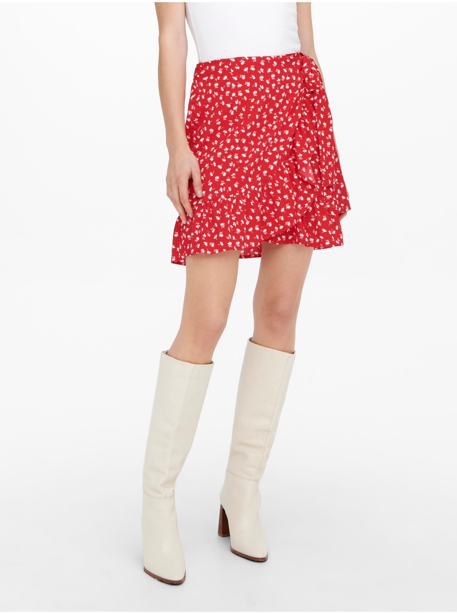 Levně Červená dámská květovaná zavinovací sukně ONLY Olivia