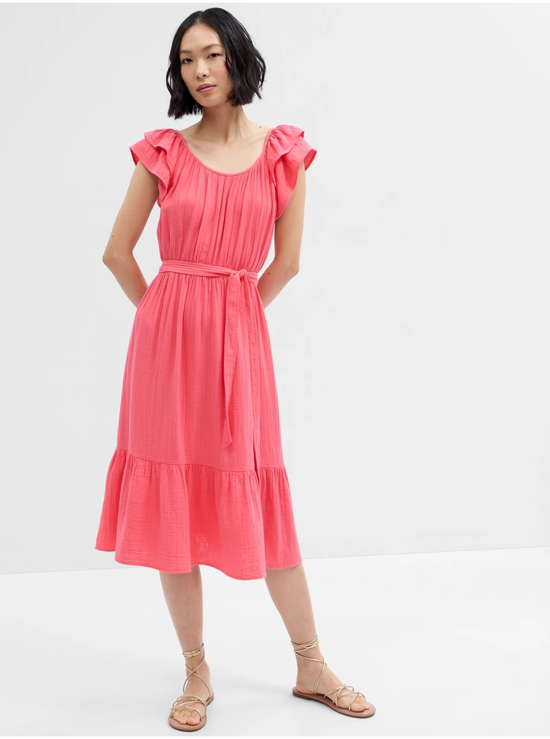 Levně Růžové dámské midi šaty s volány GAP