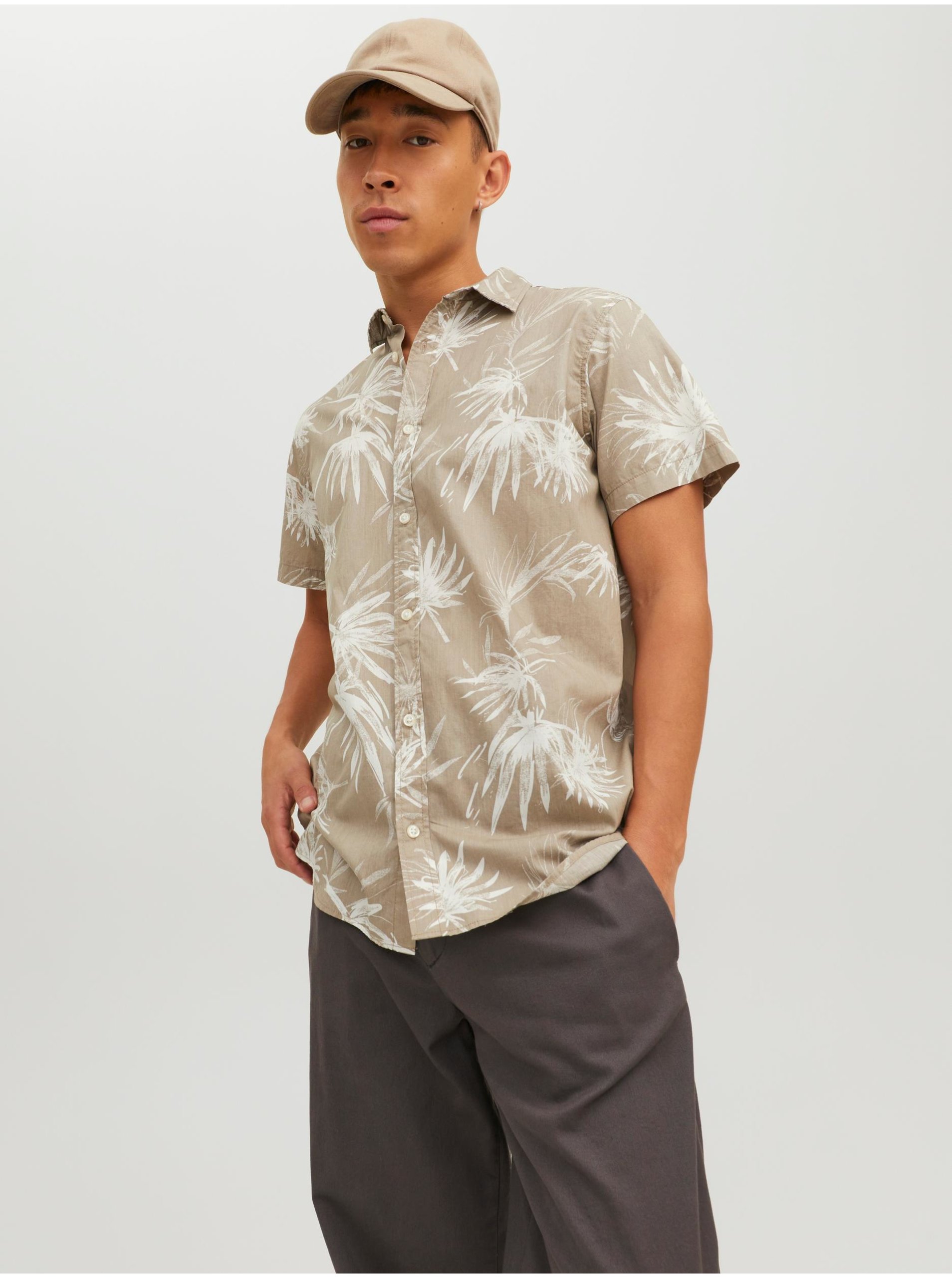 Lacno Béžová pánska vzorovaná košeľa s krátkym rukávom Jack & Jones Crayon