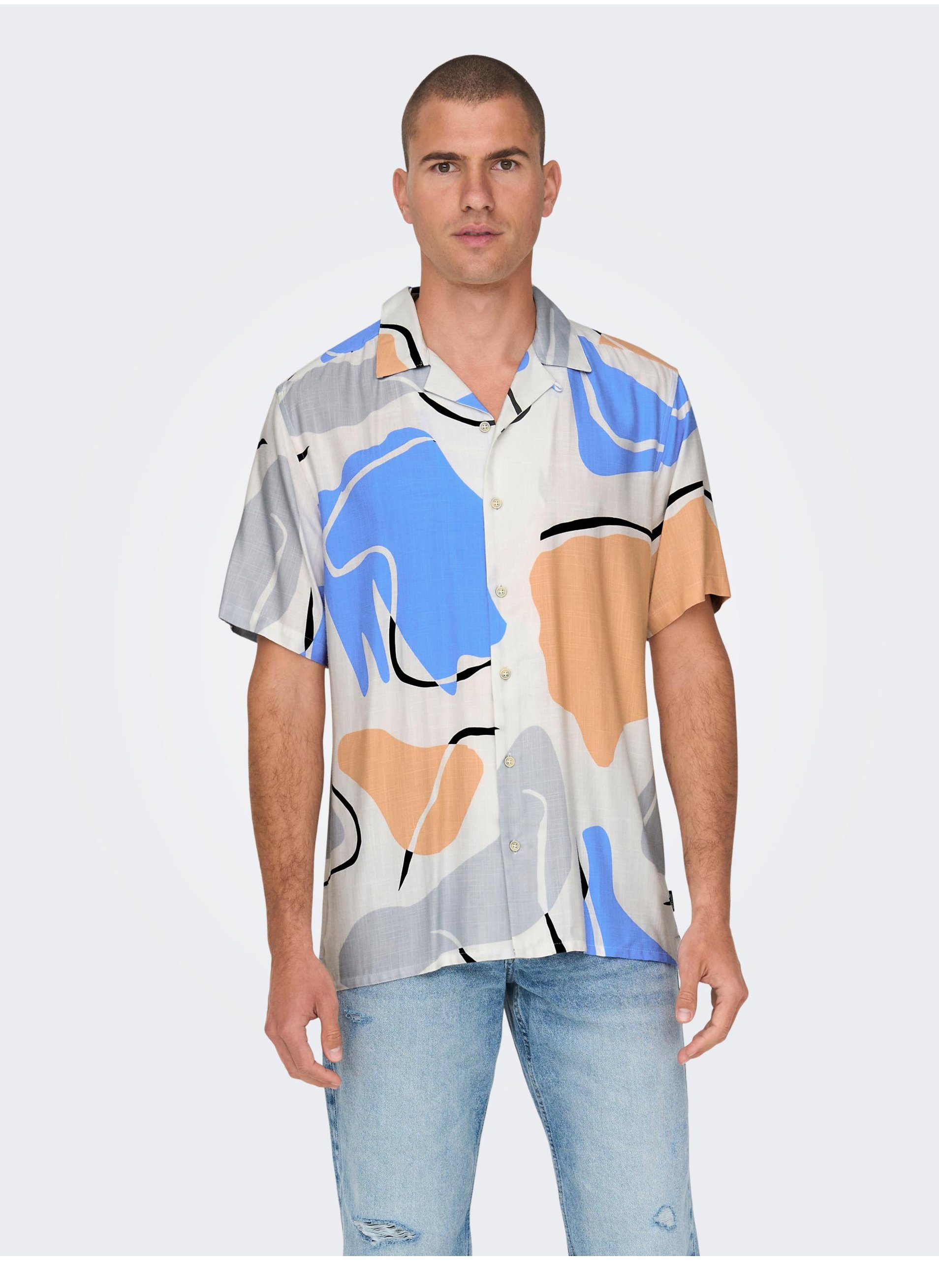 Levně Krémová pánská vzorovaná košile s krátkým rukávem ONLY & SONS Dab