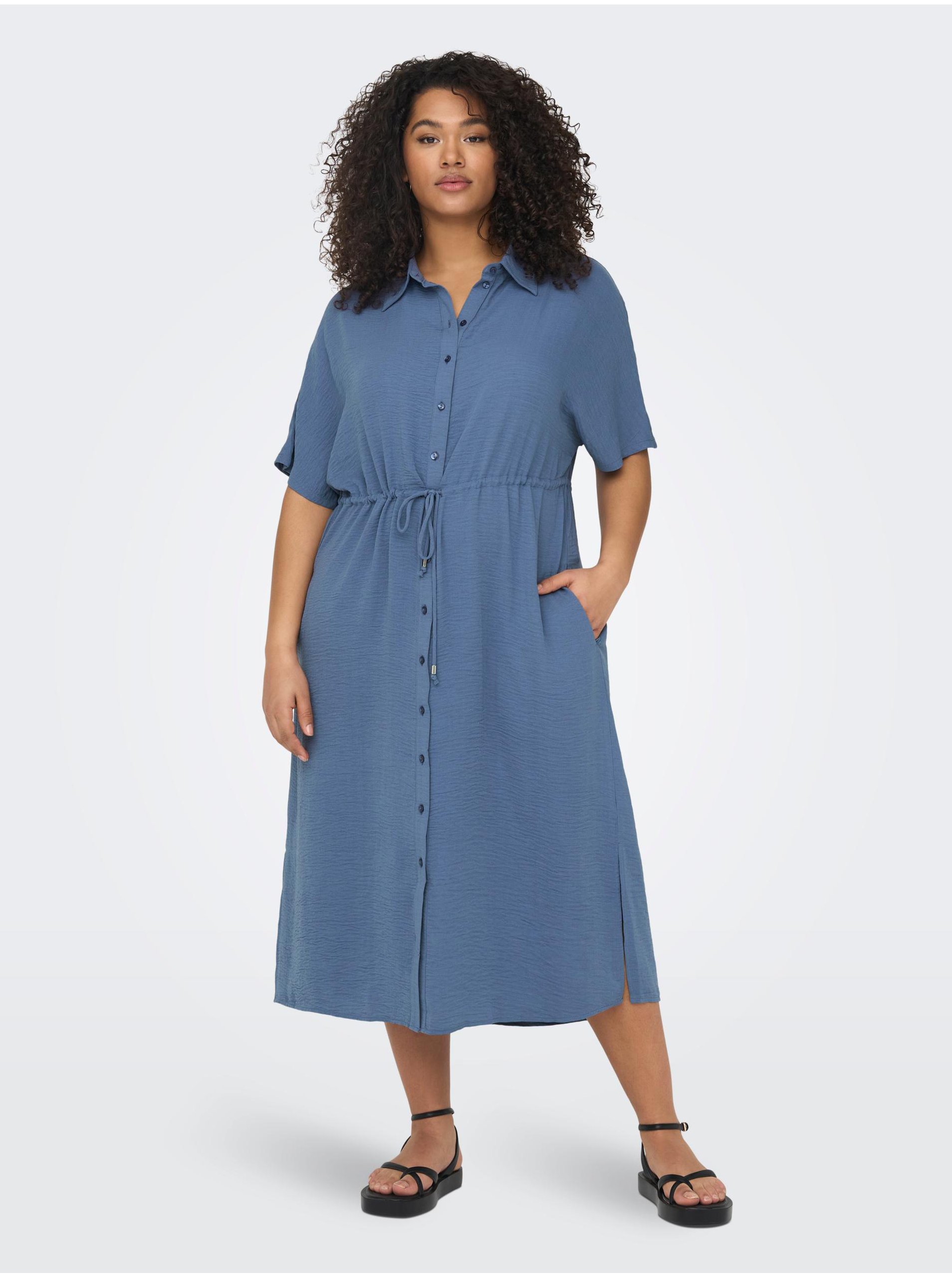 Levně Modré dámské košilové midi šaty ONLY CARMAKOMA New Coris