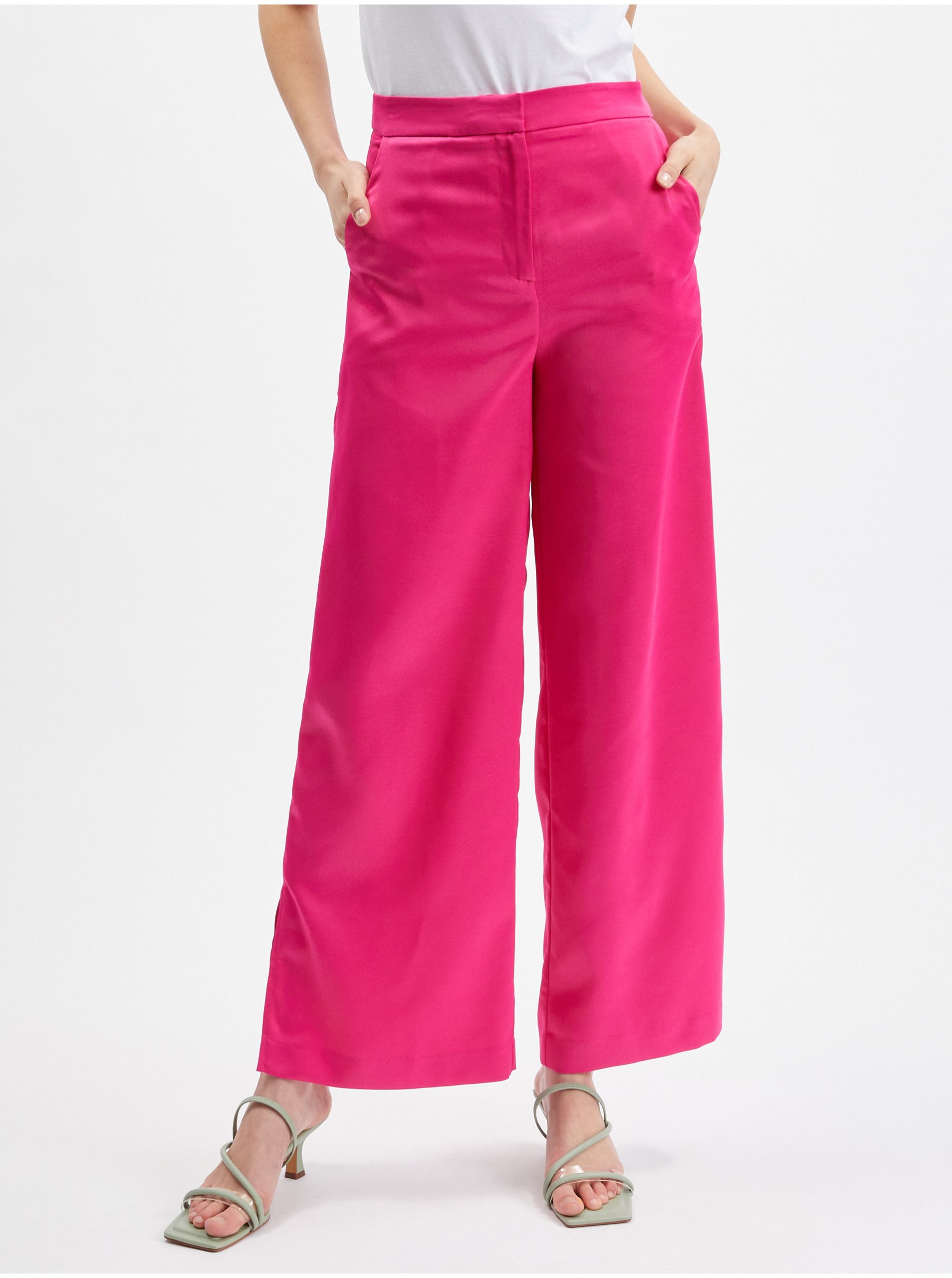 Levně Růžové dámské široké zkrácené kalhoty ORSAY