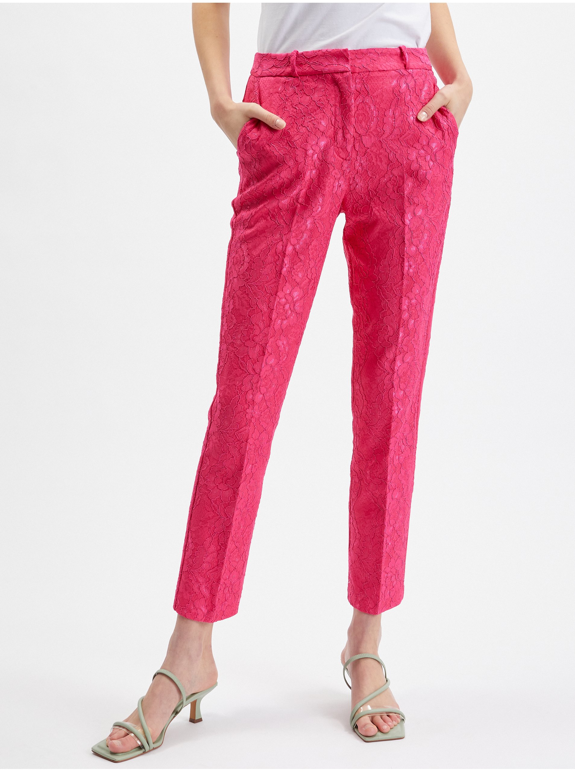 Levně Růžové dámské vzorované zkrácené kalhoty ORSAY