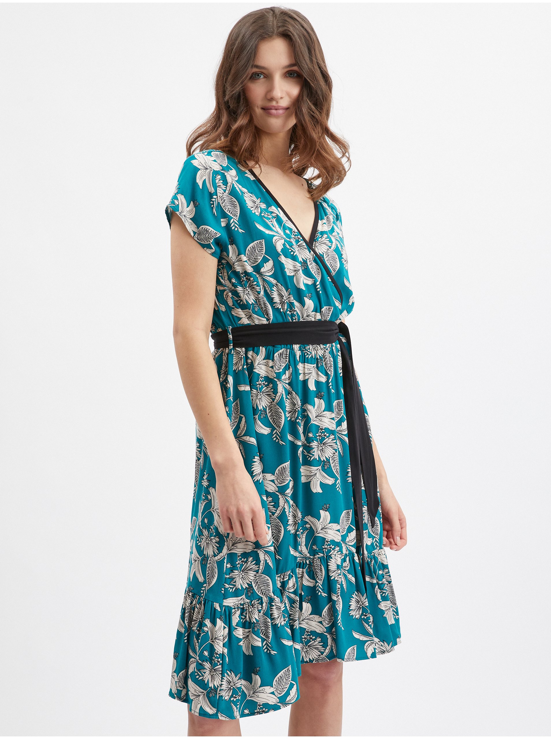 Levně Petrolejové dámské květované šaty ORSAY