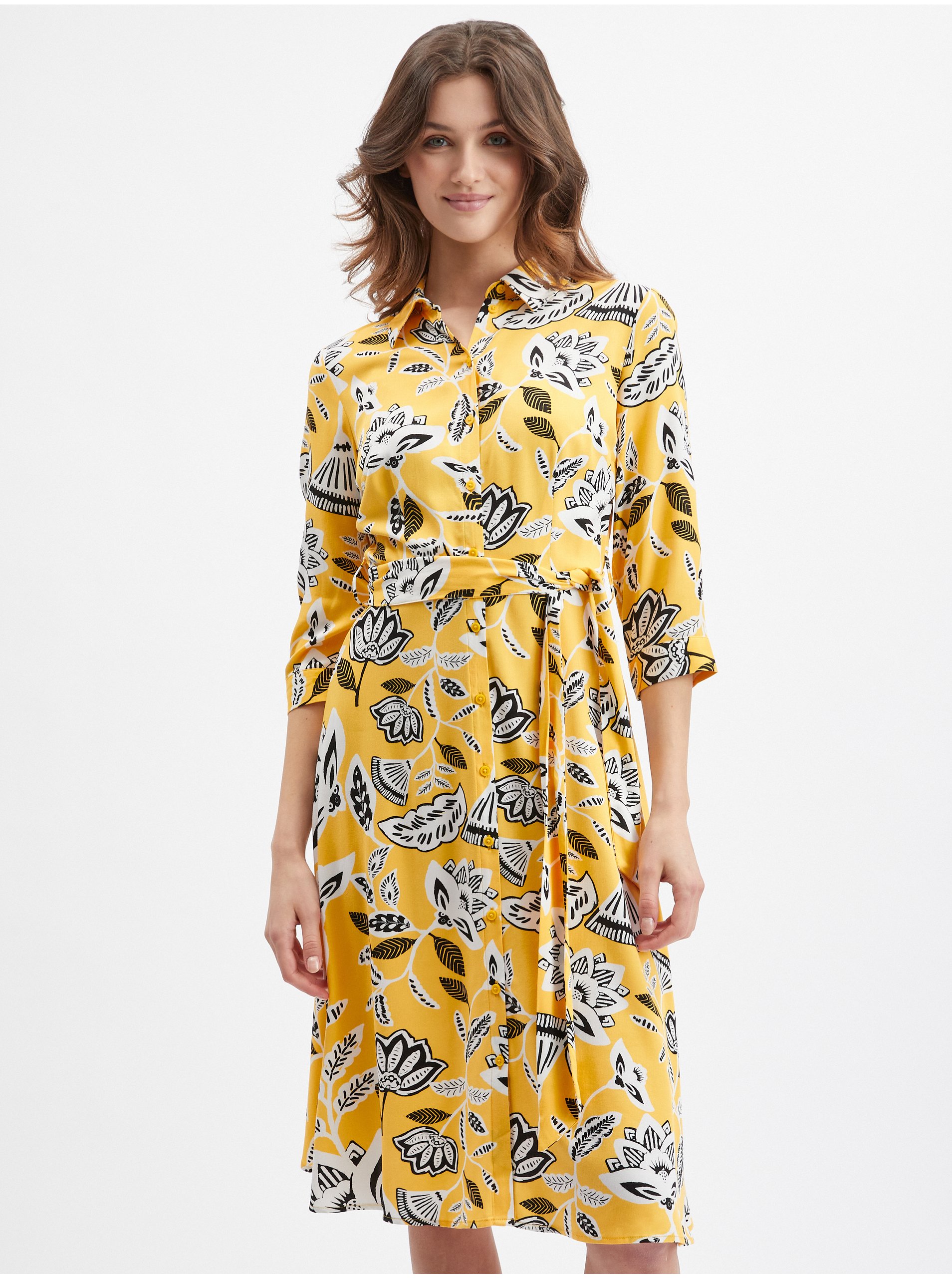 Levně Žluté dámské květované šaty ORSAY