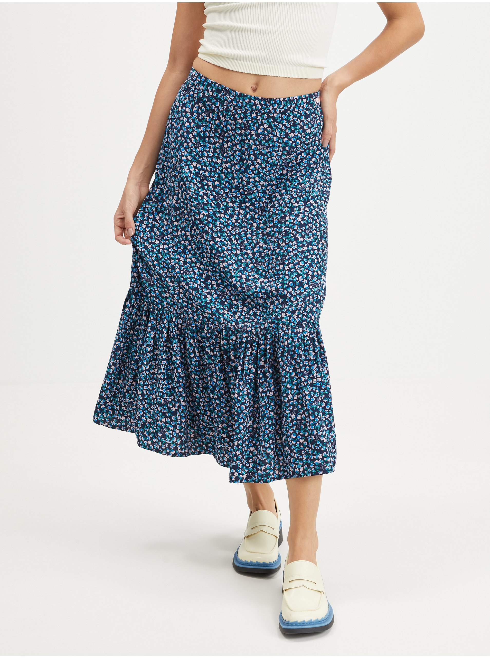 E-shop Tmavomodrá dámska kvetovaná midi sukňa Tommy Jeans