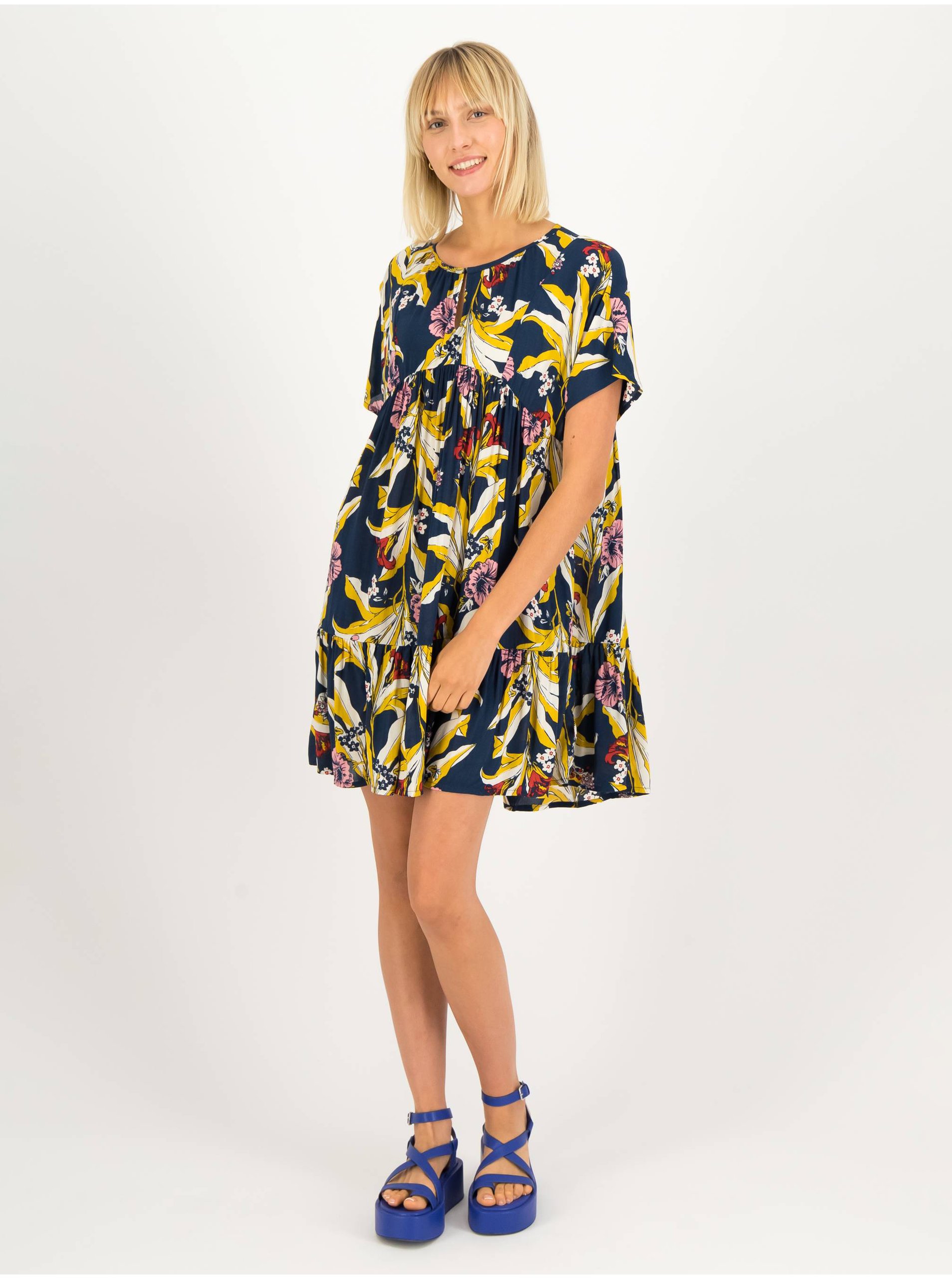 E-shop Žluto-modré dámské květované šaty Blutsgeschwister Seeds Of Love
