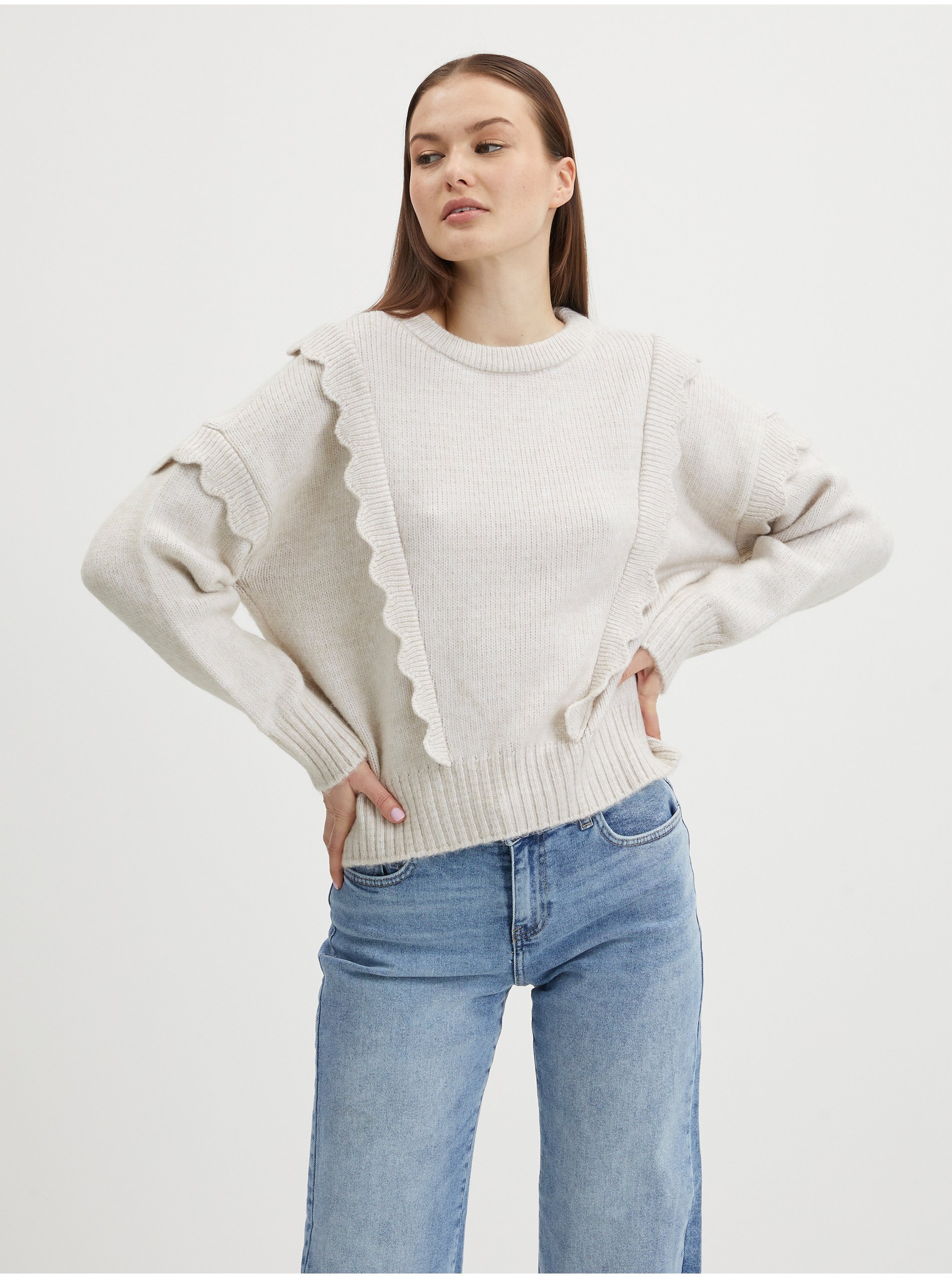 Lacno Krémový dámsky rebrovaný sveter s ozdobným lemom ONLY Stella