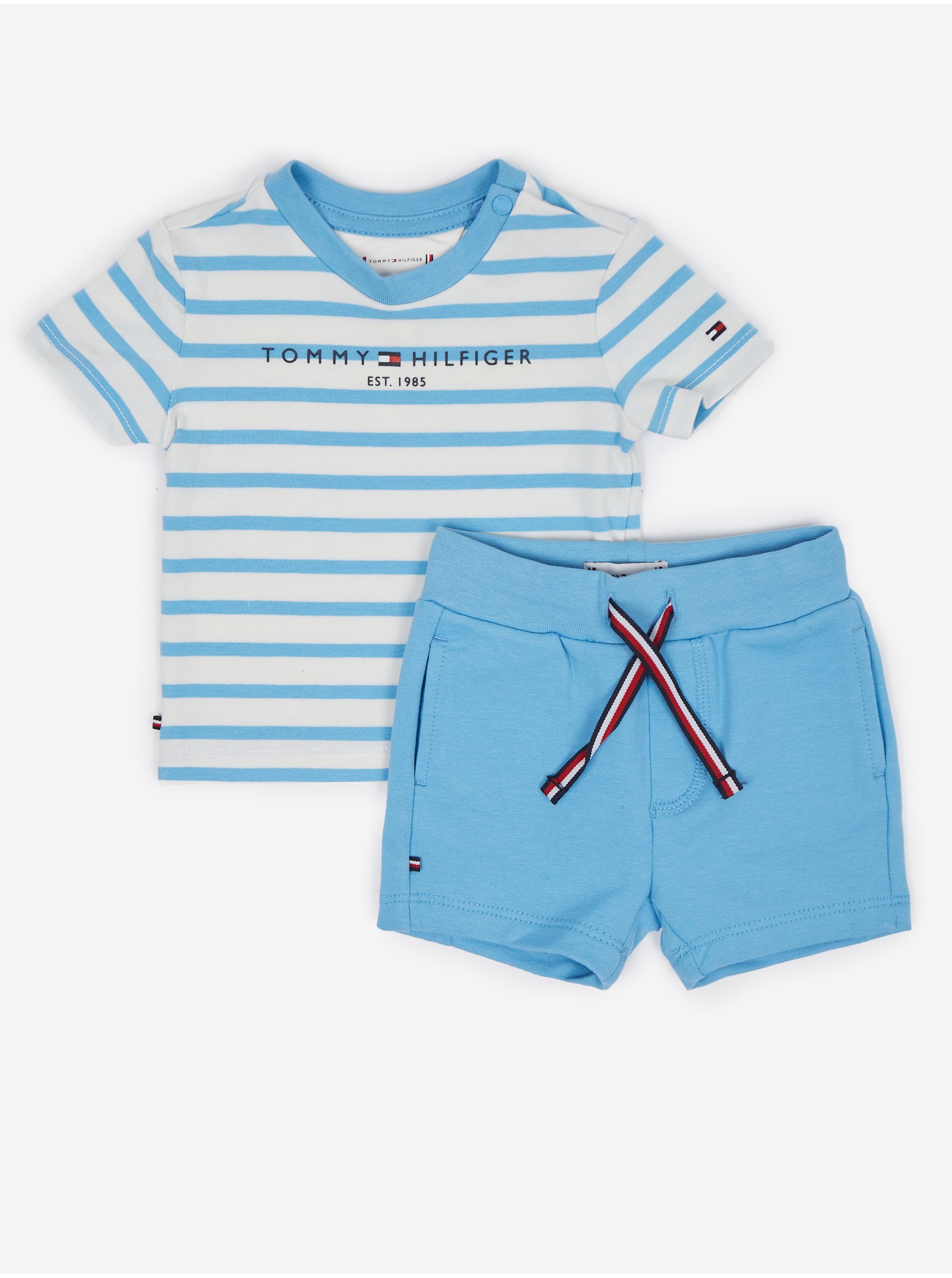 Levně Sada klučičího pruhovaného trička a kraťasů v modro-bílé barvě Tommy Hilfiger
