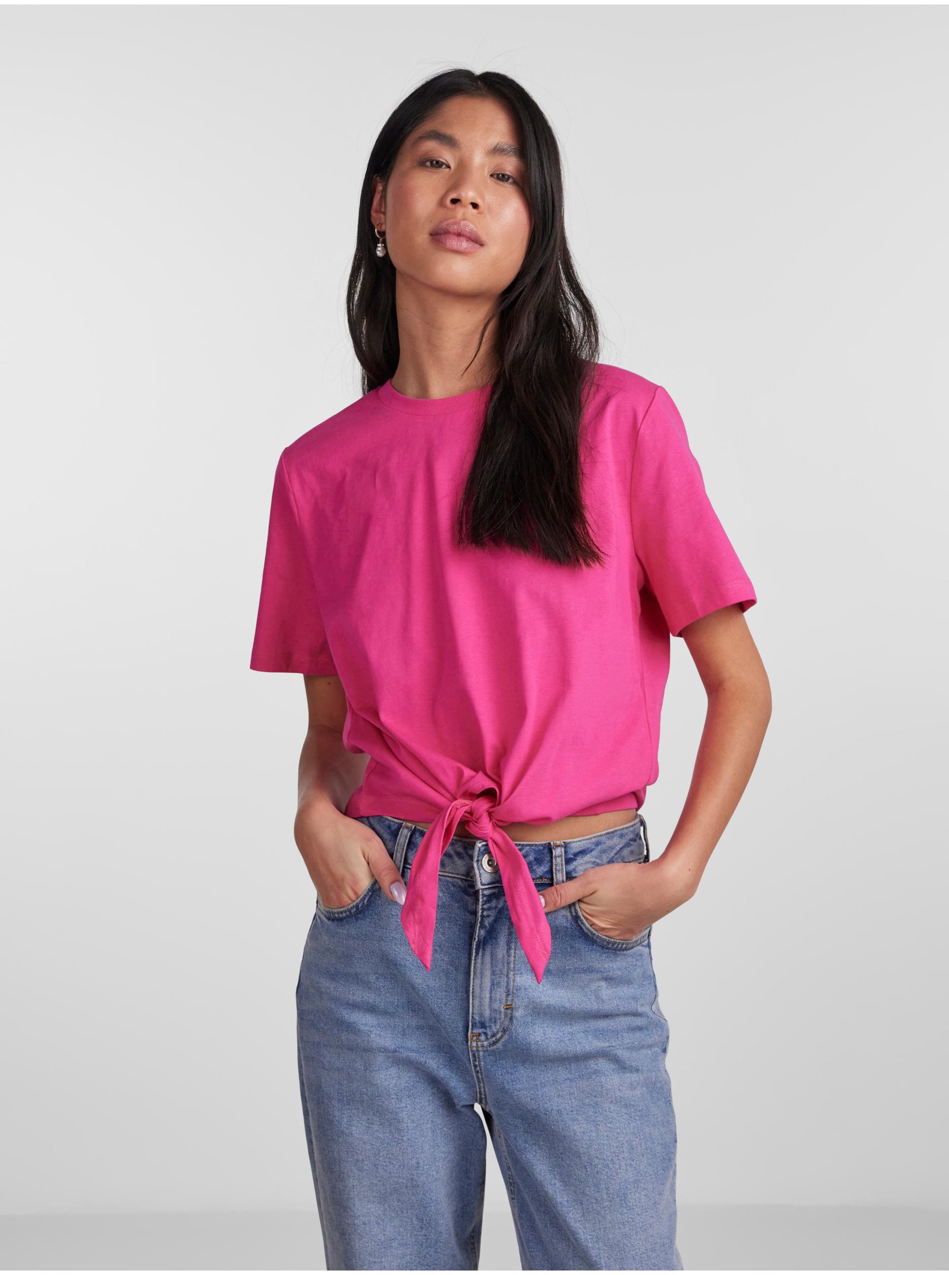 Lacno Tmavo ružové dámske tričko Pieces Tia