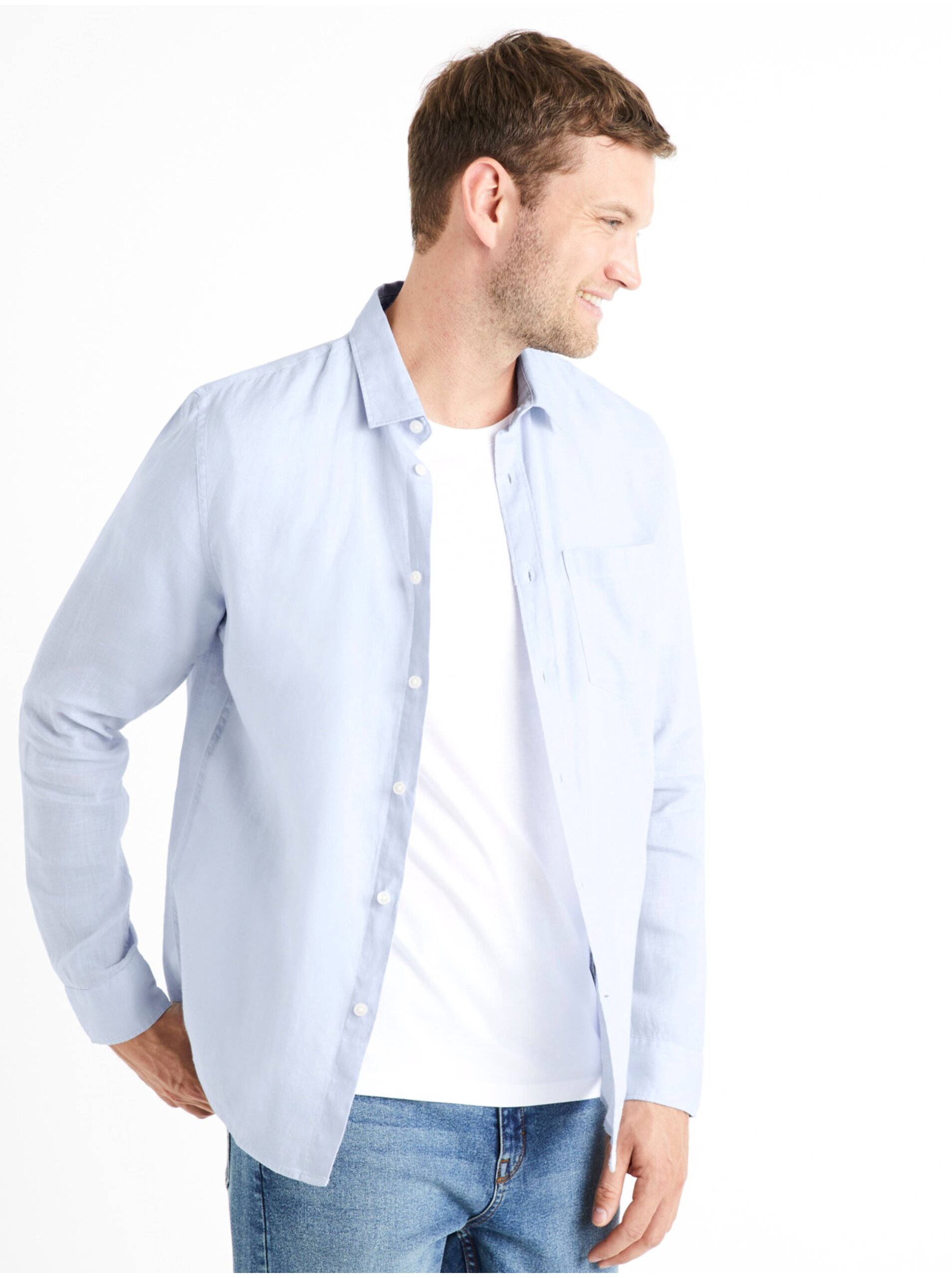 E-shop Světle modrá pánská lněná košile Celio Daflix