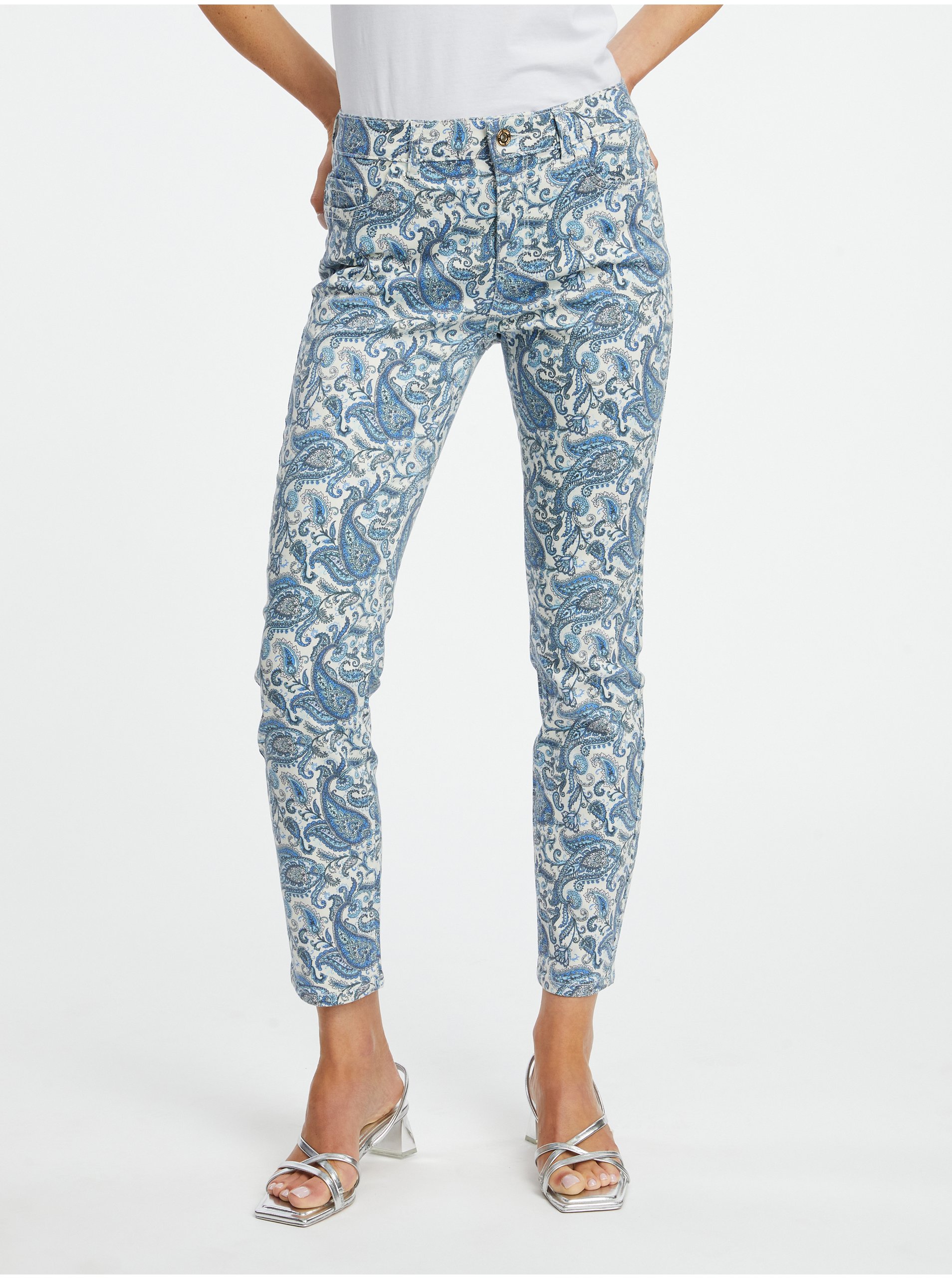 Lacno Modré dámske vzorované slim fit džínsy ORSAY